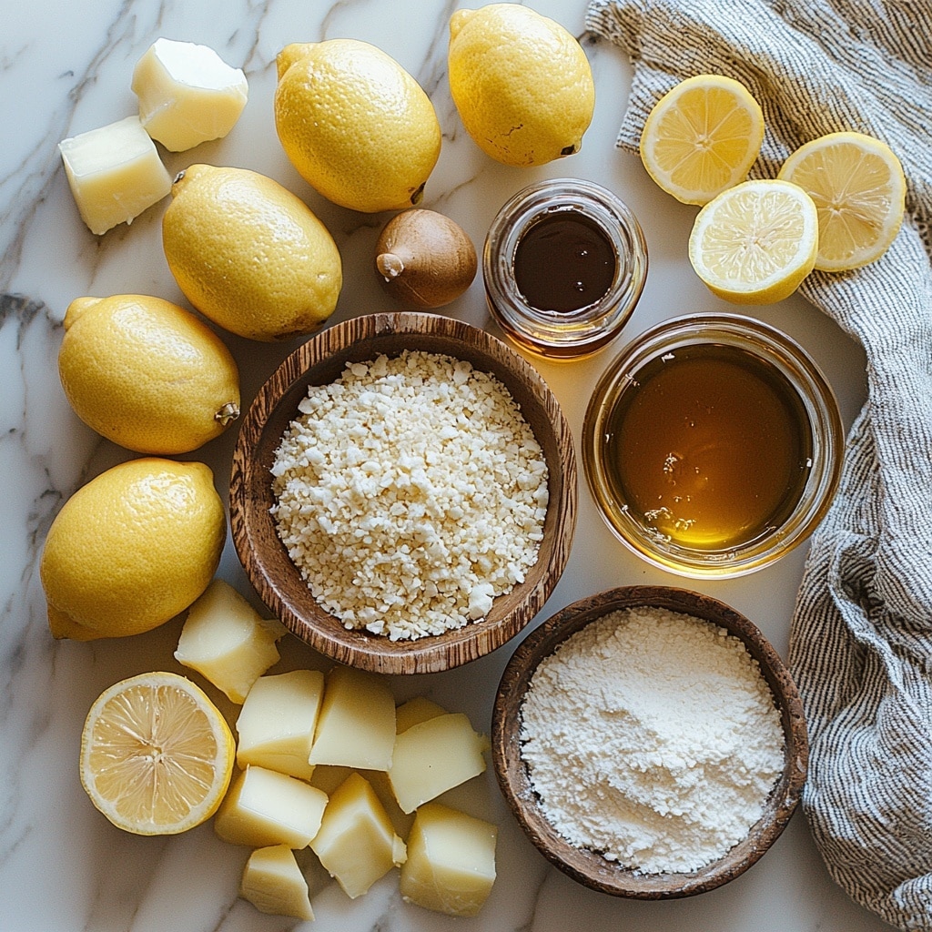Healthy Lemon Bars Recipe 4 Maple syrup in a small glass jar with rich amber color, a bowl of melted golden ghee shimmering softly, large fresh eggs with smooth white shells, a rustic wooden bowl filled with fine, off-white coconut flour, a smaller bowl holding pale, powdery tapioca flour, fresh bright yellow lemons—some whole, some halved showing juicy interiors—scattered fresh lemon zest strands with vibrant yellow color, a small glass container of clear, freshly squeezed lemon juice, a tiny bottle of vanilla extract with dark brown liquid, all carefully arranged on a clean white marble surface that highlights their natural colors and textures, subtle natural morning light casting soft shadows and enhancing the freshness, linen napkin folded casually nearby adding warmth and texture, minimalistic and airy composition emphasizing contrast between yellow tones and neutral flours, overhead shot, top down view, flat lay photography, professional food styling --ar 1:1 --q 2 --s 750 --v 6.1