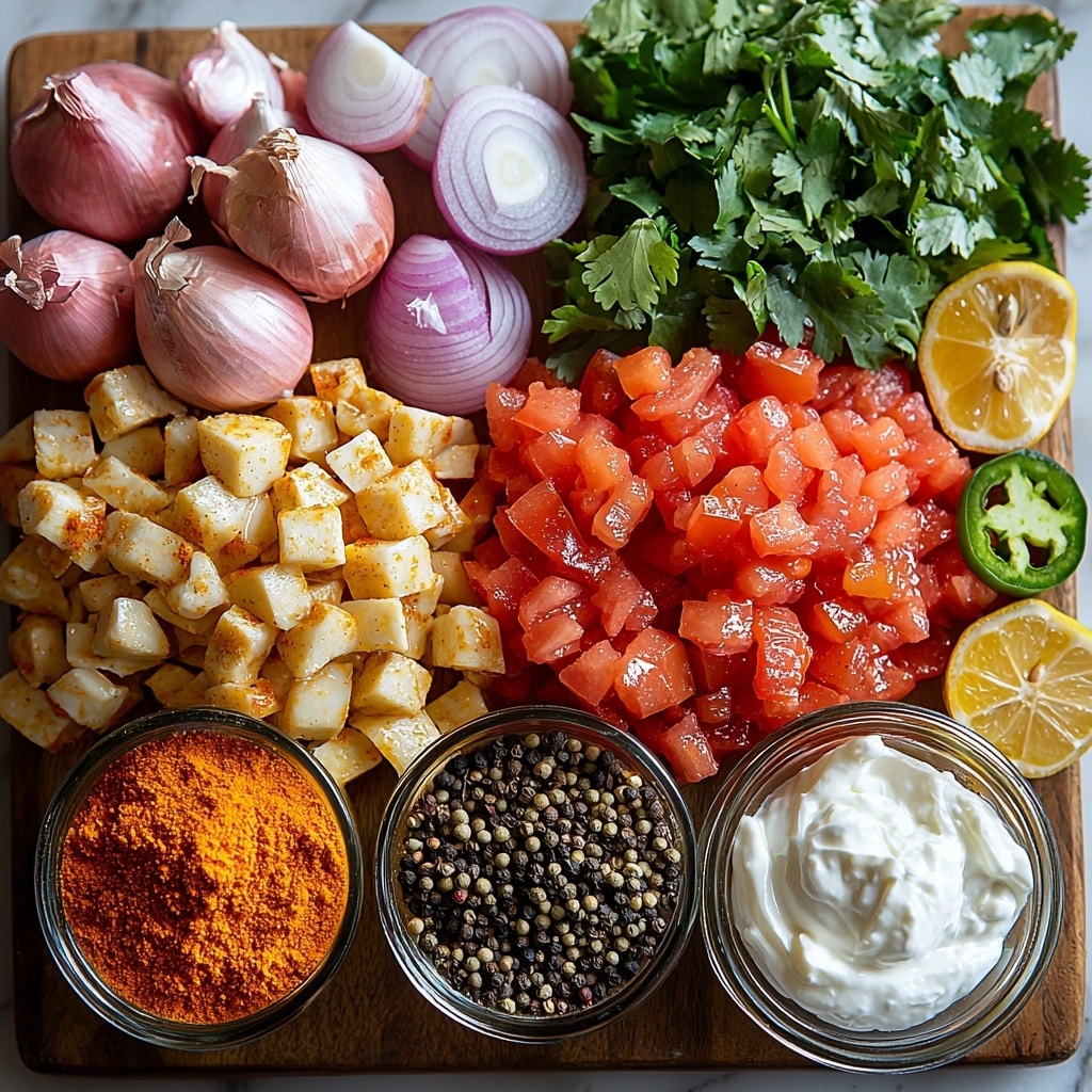 Slow Cooker Chicken Tikka Masala Recipe 4 olive oil in small glass bowl, chopped white onion in neat pile, finely diced green jalapeño scattered next to jalapeño half, three garlic cloves minced finely on wooden spoon, large rustic can of crushed tomatoes with spoonful of bright red puree beside it, fresh ginger root with thin slices and a small mound of freshly grated ginger, halved bright yellow lemon with visible juice droplets, small bowls containing warm-toned garam masala, paprika, cayenne pepper, turmeric, and curry powder powders arranged in a color gradient from deep red to golden yellow, black peppercorns and coarse salt crystals sprinkled artistically, raw boneless skinless chicken breasts plump and pink on white ceramic plate, open can of light creamy coconut milk pouring smooth liquid into white ramekin, dollop of thick plain Greek yogurt in small bowl, fresh bright green cilantro leaves loosely scattered, all ingredients meticulously arranged on a clean white marble surface with soft natural light casting gentle shadows, vibrant colors and varied textures emphasized, slight rustic kitchen props like wooden spoons and linen napkin adding warmth, overhead shot, top down view, flat lay photography, professional food styling --ar 1:1 --q 2 --s 750 --v 6.1