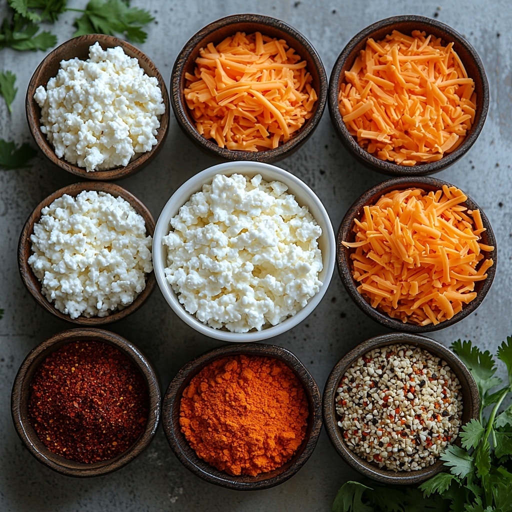 20-Minute Cottage Cheese Queso Dip Recipe 4 cottage cheese in a small white bowl with creamy texture, shredded bright orange cheddar cheese scattered neatly beside it, clear glass measuring cup with 3 oz water reflecting light, small rustic bowls holding vibrant reddish-brown taco seasoning, deep red chili powder, fine beige garlic powder, and warm brown ground cumin, all arranged artfully on a clean matte white surface, natural soft daylight highlighting the varied textures and colors, minimalistic styling with a few fresh green cilantro leaves for contrast, subtle shadows adding depth, overhead shot, top down view, flat lay photography, professional food styling --ar 1:1 --q 2 --s 750 --v 6.1