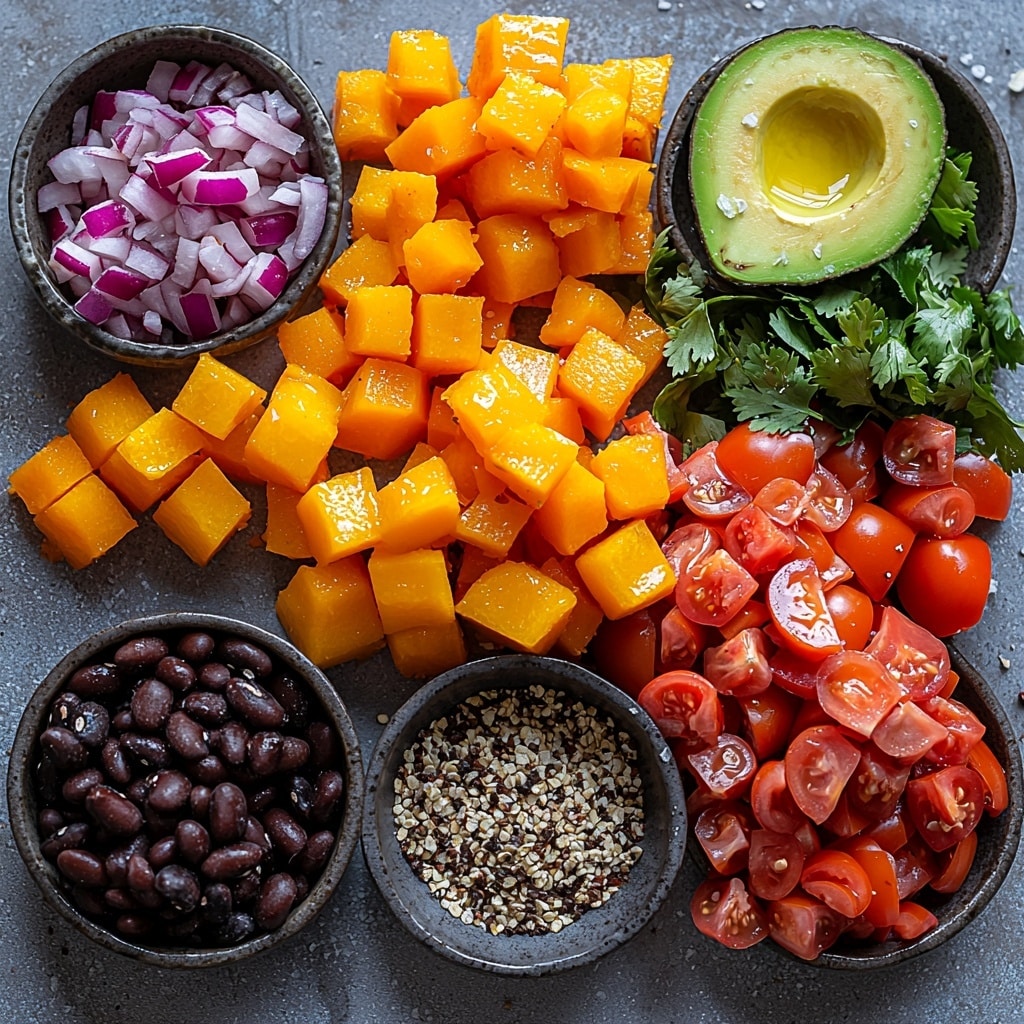 Homemade Butternut Squash Chili Recipe 4 A vibrant flat lay of fresh and rustic ingredients for homemade butternut squash chili, arranged neatly on a clean white surface. Cubes of bright orange butternut squash sit beside glossy black beans in a small bowl. Deep red diced bell peppers and a roughly chopped red onion add pops of color. Whole garlic cloves and a few peeled cloves are scattered nearby. Diced tomatoes in a rustic bowl show rich red hues. A mound of golden corn tortilla strips rests next to a halved ripe avocado with creamy green flesh. Small piles of warm-toned spices—chipotle pepper in adobo, chili powder, ground cumin, ground cinnamon, and red pepper flakes—are artfully sprinkled or in tiny bowls. Fresh chopped cilantro adds a vivid green accent, while a single bay leaf lies thoughtfully placed. A small dish of olive oil with a subtle sheen and a measuring spoon of fine salt complete the arrangement. The scene is balanced with natural light highlighting the varied textures and vibrant colors, styled to evoke warmth and homestyle comfort. Overhead shot, top down view, flat lay photography, professional food styling --ar 1:1 --q 2 --s 750 --v 6.1