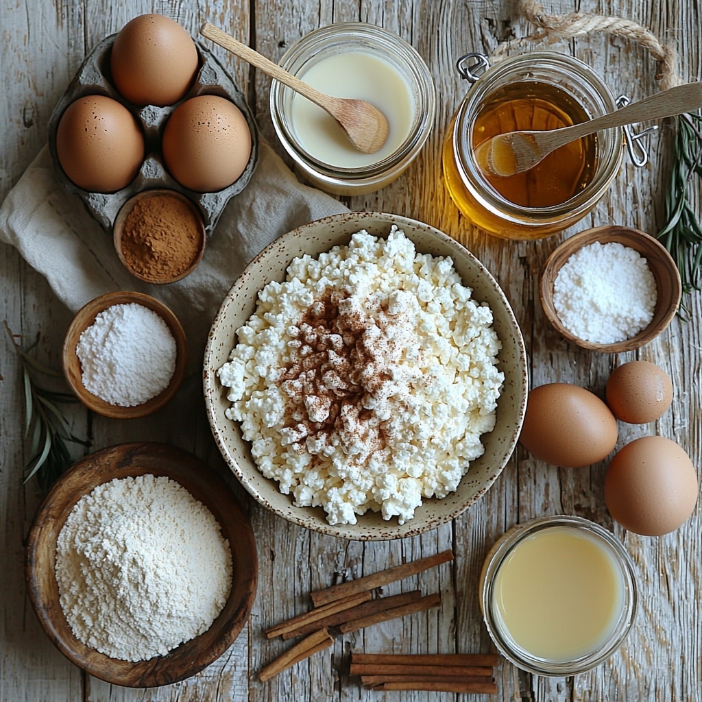 Mouthwatering Cinnamon Roll Cottage Cheese Pancakes Recipe 4 A clean white wooden surface neatly arranged with the main ingredients for Cinnamon Roll Cottage Cheese Pancakes: a small mound of King Arthur all-purpose flour in a ceramic bowl, a wooden spoon scooping warm cinnamon powder beside small glass bowls containing baking powder, salt, and brown sugar; a rustic jar of rich golden maple syrup with a wooden dipper; a bowl of thick, creamy Good Culture cottage cheese with a silver spoon resting inside; three brown eggs cracked in a neat line with smooth shells; a small glass pitcher of creamy milk; a shallow dish holding softened pale yellow butter and a small bowl of melted coconut oil shimmering softly; a vanilla bean pod resting on a folded linen napkin; everything spaced evenly on the surface with soft natural light casting gentle shadows, highlighting the warm earthy tones and varied textures of powders, liquids, and solids, styled with minimal vintage kitchenware and fresh cinnamon sticks for accent, creating an inviting, cozy atmosphere. Overhead shot, top down view, flat lay photography, professional food styling --ar 1:1 --q 2 --s 750 --v 6.1