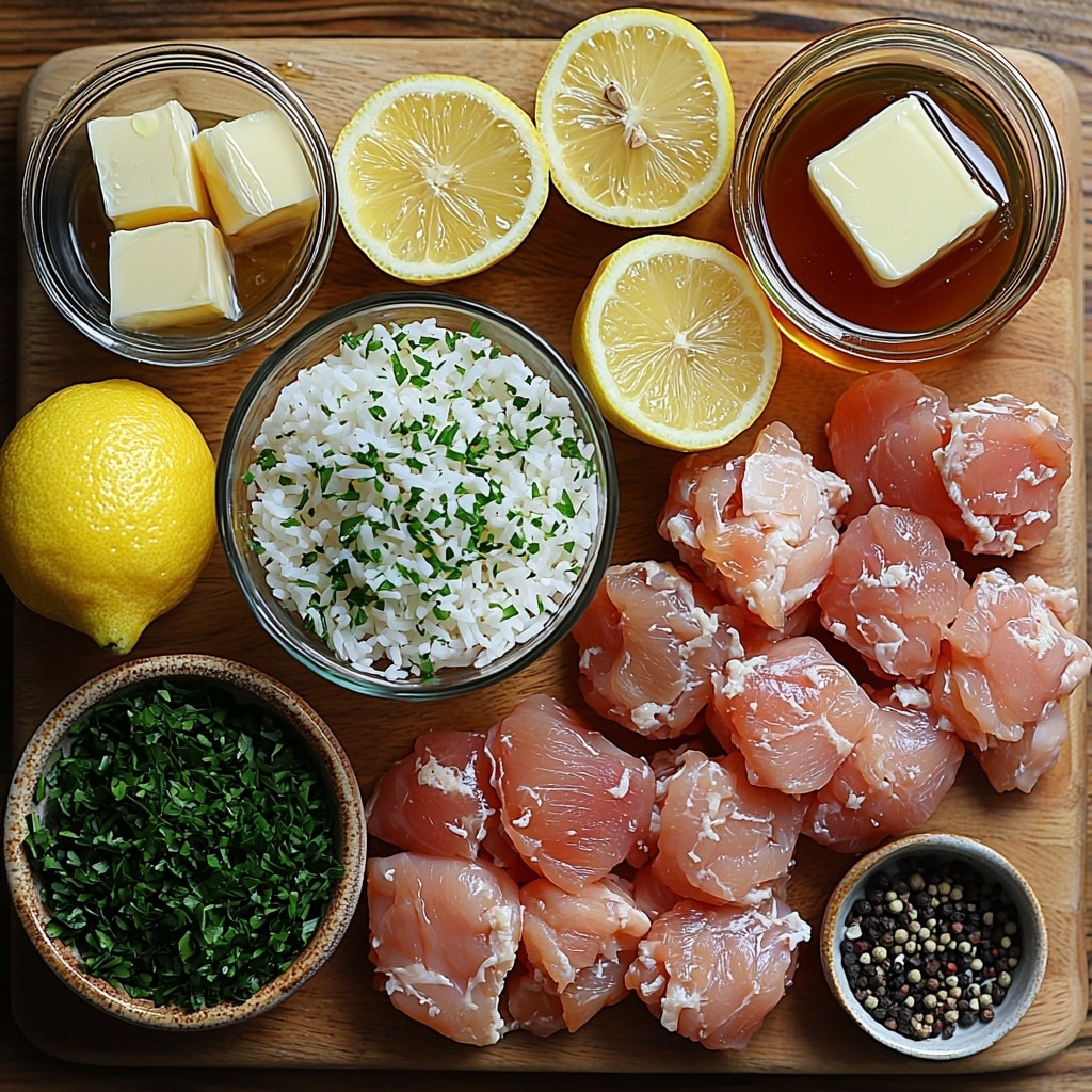 One-Pan Honey Butter Garlic Chicken & Rice Recipe 4 boneless skinless chicken thighs, uncooked white rice in a small bowl, minced garlic cloves scattered neatly, golden honey in a glass jar, creamy unsalted butter on a small dish, clear chicken broth in a measuring cup, dark soy sauce in a small ceramic bowl, shiny olive oil in a delicate glass bottle, vibrant chopped fresh parsley in a tiny white bowl, coarse sea salt and black peppercorns in small wooden spoons, three bright yellow lemon slices artistically placed; all ingredients arranged on a clean, light wooden surface with soft natural lighting to highlight the textures—the glossy honey, smooth butter, fluffy rice grains, and fresh herbs create a warm, inviting color palette with pops of green and yellow for contrast; subtle shadows add depth, minimal props for a modern, uncluttered look; overhead shot, top down view, flat lay photography, professional food styling --ar 1:1 --q 2 --s 750 --v 6.1