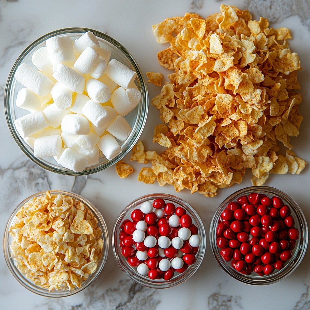 Cornflake Christmas Wreath Cookies Recipe 4 a flat lay arrangement of key ingredients for Cornflake Christmas Wreath Cookies on a clean white surface: a half cup of unsalted butter in a small glass bowl, a heap of mini white marshmallows spilling slightly onto the surface, a small clear dish with light green gel food coloring, a teaspoon of vanilla extract in a tiny glass vial, a neat pile of golden crispy cornflakes displaying their delicate texture, and a small bowl filled with festive red and multicolored sprinkles and red M&M’s. The ingredients are spaced evenly and styled with natural soft lighting that accentuates the buttery sheen, the fluffy marshmallows, and the vivid green and red colors. Subtle shadows add depth, and a few scattered cornflakes and sprinkles create an inviting, casual feel. overhead shot, top down view, flat lay photography, professional food styling --ar 1:1 --q 2 --s 750 --v 6.1