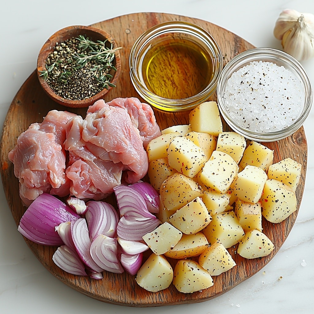 Perfect Roast Chicken and Veggies Recipe 4 whole raw whole chicken (5 pounds) with pale pink skin, fresh bright green thyme sprigs, shiny golden olive oil in a small glass bowl, coarse sea salt crystals, ground black pepper, crushed fennel seeds, crushed red pepper flakes, smooth baby potatoes with light brown skin, vibrant deep purple-red onion wedges showing crisp layers, peeled garlic cloves with smooth creamy white surfaces, all ingredients carefully arranged on a clean white marble surface, ingredients spaced evenly with natural shadows, rustic wooden spoon holding spices, crisp natural lighting highlighting texture and color contrast, subtle reflections on olive oil, minimalistic and elegant styling, fresh and inviting atmosphere, overhead shot, top down view, flat lay photography, professional food styling --ar 1:1 --q 2 --s 750 --v 6.1