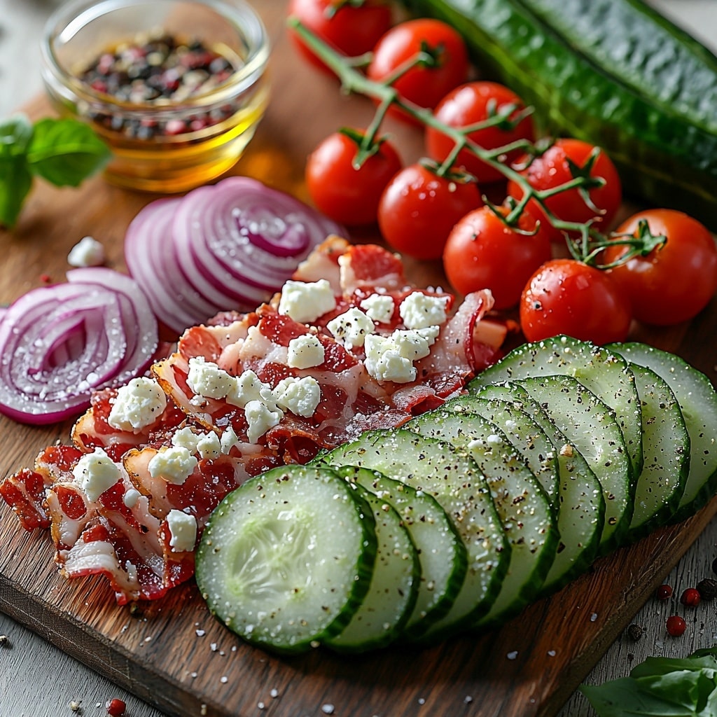Crunchy Cucumber Salad with Crispy Beef Bacon and Feta Recipe 4 2 large cucumbers sliced into rounds with vibrant green skin and pale interiors, 4 strips of crispy beef bacon with rich reddish-brown color and crinkled texture, 1/2 thinly sliced red onion showcasing deep purple layers, 1/4 cup bright red cherry tomatoes halved to reveal juicy seeds, 1/4 cup creamy white crumbled feta cheese scattered loosely, 2 tablespoons golden olive oil in a small glass bowl, 1 tablespoon apple cider vinegar in a clear small dish, coarse salt and cracked black pepper sprinkled artistically near the ingredients, fresh green herbs such as parsley or dill arranged delicately for contrast; all items spaced thoughtfully and neatly on a smooth, clean white surface that enhances natural colors and textures, soft natural daylight illuminating the scene to emphasize freshness, slight shadows adding depth and dimension, minimalistic styling with subtle rustic elements like a linen napkin partially visible; overhead shot, top down view, flat lay photography, professional food styling --ar 1:1 --q 2 --s 750 --v 6.1