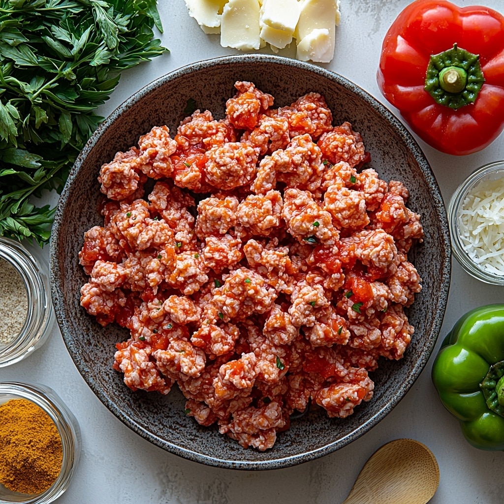 Ground Turkey Stuffed Bell Peppers (No Rice) Recipe 4 A clean white surface neatly arranged with fresh ingredients for ground turkey stuffed peppers: raw ground turkey in a small rustic bowl showing its pinkish texture; a small glass jar of rich, deep red tomato paste with a smooth glossy surface; a clear measuring cup partially filled with water reflecting light softly; a small wooden spoon heaped with golden poultry seasoning powder; a tiny white ramekin containing pale beige garlic powder; four vibrant bell peppers halved lengthwise and hollowed out, showcasing their shiny, smooth green and red skins and bright inner cavities; a small pile of freshly shredded mozzarella cheese, creamy white with delicate stringy texture. The ingredients spaced evenly with natural daylight enhancing the vivid colors and contrasting textures, minimal shadows, simple and elegant food styling with a crisp, inviting atmosphere. Overhead shot, top down view, flat lay photography, professional food styling --ar 1:1 --q 2 --s 750 --v 6.1