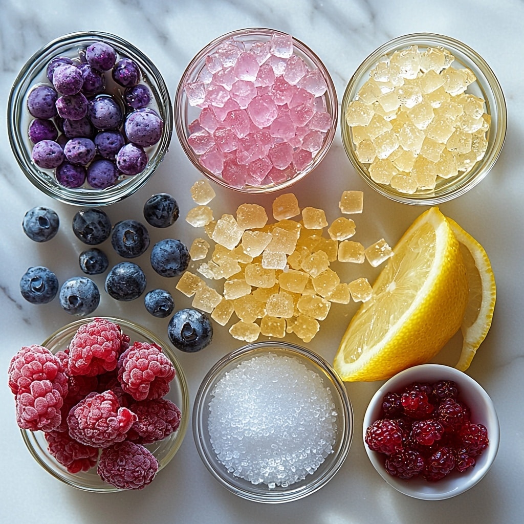 Cuberdons: The Famous Belgian Cone Candy (With Homemade Recipe) Recipe 4 granulated sugar in a small clear glass bowl with sparkling white crystals, a measuring cup with 3/4 cup water shimmering, a small bowl of cold water, a small dish of translucent light amber glucose syrup, a fresh lemon wedge showing bright yellow and juicy texture, a tiny glass bowl with pale pink raspberry flavoring liquid, a few drops of vibrant red and purple food coloring in a white porcelain dish, a small ramekin holding fine white powdered gelatin, sugar crystals scattered lightly on the clean white marble surface, arranged neatly in a balanced composition with soft natural light casting gentle shadows, subtle reflections enhancing the textures, minimalistic and elegant styling, overhead shot, top down view, flat lay photography, professional food styling --ar 1:1 --q 2 --s 750 --v 6.1