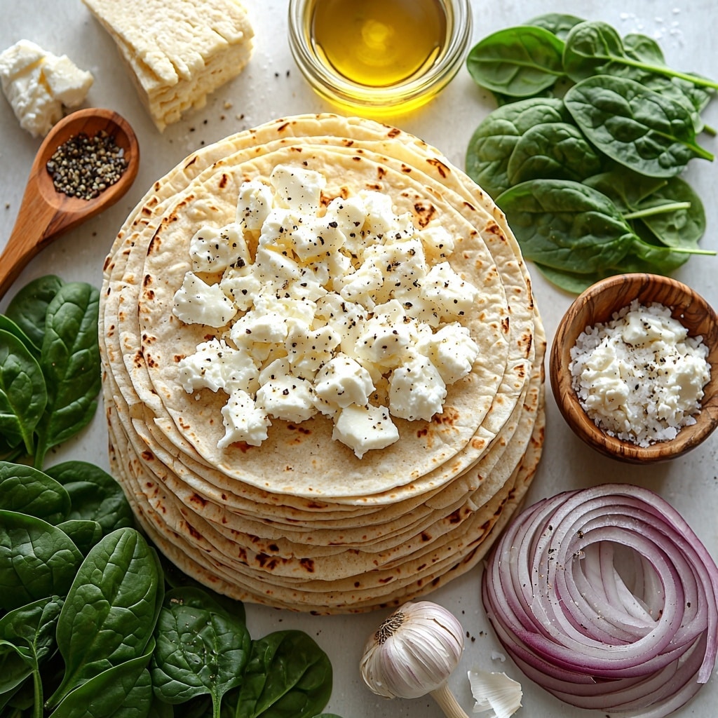 Mediterranean Quesadillas with Spinach, Feta, and Mozzarella Recipe 4 Fresh whole wheat tortillas stacked slightly fanned out on a clean white surface, vibrant fresh spinach leaves roughly chopped and loosely scattered nearby, crumbly white feta cheese in a small rustic bowl, shredded creamy mozzarella cheese forming a soft pile with delicate strands visible, thin slices of translucent red onion fanned in a neat semi-circle, a single peeled garlic clove finely minced on a small wooden spoon, a small glass bowl filled with golden olive oil catching light, scattered coarse salt and cracked black peppercorns adding texture, a small heap of dried oregano and a pinch of vibrant red pepper flakes sprinkled artfully, warm natural light highlighting the variety of textures and the earthy, fresh Mediterranean color palette, shadows softly diffused, minimalistic and clean styling with subtle rustic elements like a folded linen napkin and wooden utensils placed off to the side for contrast overhead shot, top down view, flat lay photography, professional food styling --ar 1:1 --q 2 --s 750 --v 6.1
