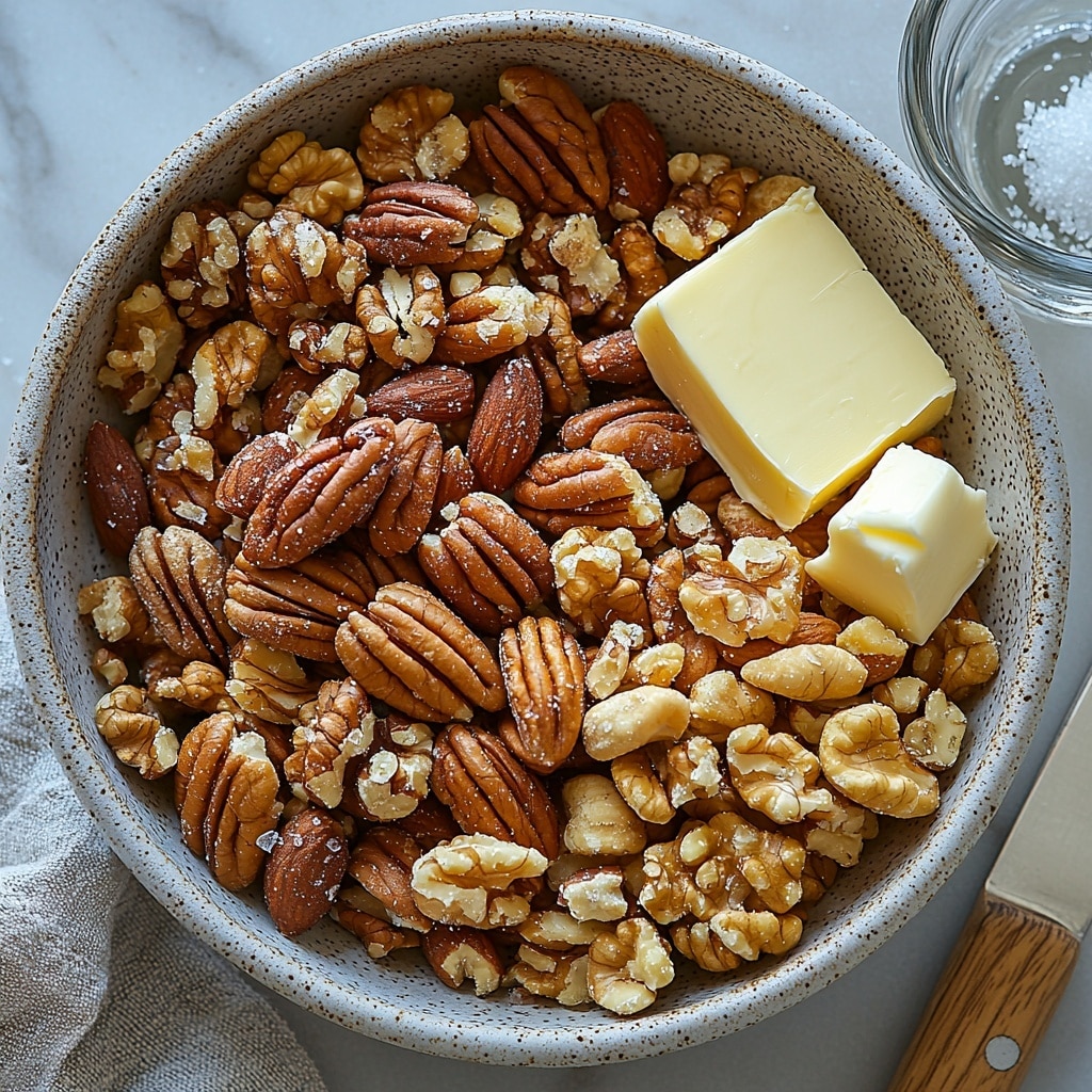 Easy Glazed Nuts Recipe 4 A clean white marble surface neatly arranged with the main ingredients for easy glazed nuts: a small rustic bowl overflowing with mixed nuts including pecans, walnuts, almonds, and cashews showcasing their varied brown and tan hues and natural textures; next to it, a small glass ramekin filled with sparkling white granulated sugar; a vintage butter knife resting beside a few small cold butter pieces, creamy pale yellow with soft edges; a clear glass measuring cup containing a small amount of water reflecting light subtly. The ingredients are spaced thoughtfully in a balanced, harmonious composition with natural daylight softly illuminating the scene, creating gentle shadows that enhance the textures of the nuts and butter. Minimal props and a light linen napkin add warmth without distraction. Overhead shot, top down view, flat lay photography, professional food styling --ar 1:1 --q 2 --s 750 --v 6.1