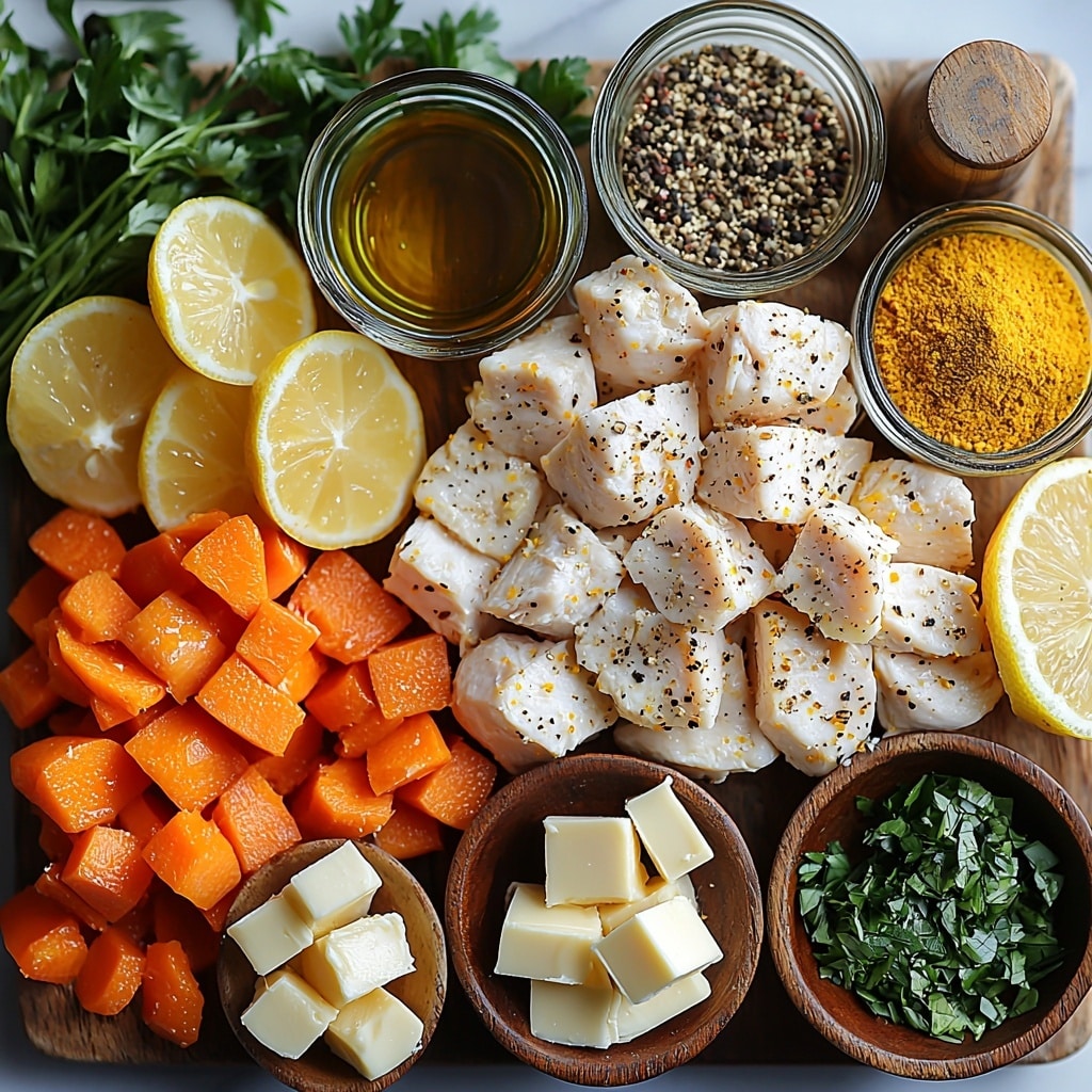Lemon Chicken Soup with Angel Hair Pasta Recipe 4 Lemon chicken breast, fresh yellow lemon halves and wedges, diced yellow onion, diced orange carrots, diced green celery stalks, peeled garlic cloves and minced garlic, sticks of butter, bottle or glass of dry white wine, small bowl of olive oil, chicken broth in a rustic clear jar, chicken bouillon cube, small dish with soy sauce, heap of grated Parmesan cheese and a wedge of Parmesan rind, uncooked angel hair pasta nest, small bowls with dried parsley, basil, oregano, mustard powder, pinch of turmeric, coarse salt and black peppercorns scattered, all arranged neatly on a clean white marble surface with natural daylight, vibrant colors emphasizing fresh textures and contrasting hues, subtle shadows for depth, minimalist rustic props like wooden spoons and linen napkin placed artfully to frame ingredients, fresh herbs sprigs for garnish, overhead shot, top down view, flat lay photography, professional food styling --ar 1:1 --q 2 --s 750 --v 6.1