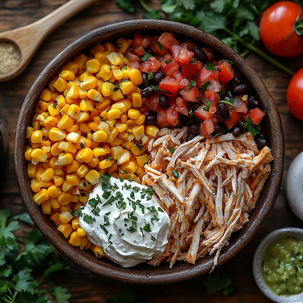 Air Fryer Southwest Chicken Burritos Recipe 4 2 cups shredded rotisserie chicken with tender, juicy texture in a small rustic bowl, 8 ounces cream cheese block at room temperature with smooth surface, 1½ cups shredded sharp cheddar cheese in a small heap showcasing vibrant orange color, 1 cup black beans glossy and plump in a white ceramic dish, 1 can sweet corn kernels bright yellow and slightly shiny, 1 can diced tomatoes with rich red tones and slight juice visible, 2 tablespoons taco seasoning in a small wooden scoop with earthy red-brown color, 1 cup fresh pico de gallo bursting with red tomatoes, green cilantro, white onion, and hints of jalapeño, 6 soft flour tortillas stacked neatly with slight flour dusting on edges, small spray bottle of cooking spray with light reflection on clean nozzle, dollop of sour cream in a small bowl with smooth creamy texture, all ingredients carefully arranged on a warm-toned wooden surface with natural light highlighting vibrant colors and diverse textures, subtle shadows for depth, touches of fresh cilantro leaves scattered artfully for contrast, tiny wooden spoons and rustic bowls adding an inviting, homey feel, overhead shot, top down view, flat lay photography, professional food styling --ar 1:1 --q 2 --s 750 --v 6.1
