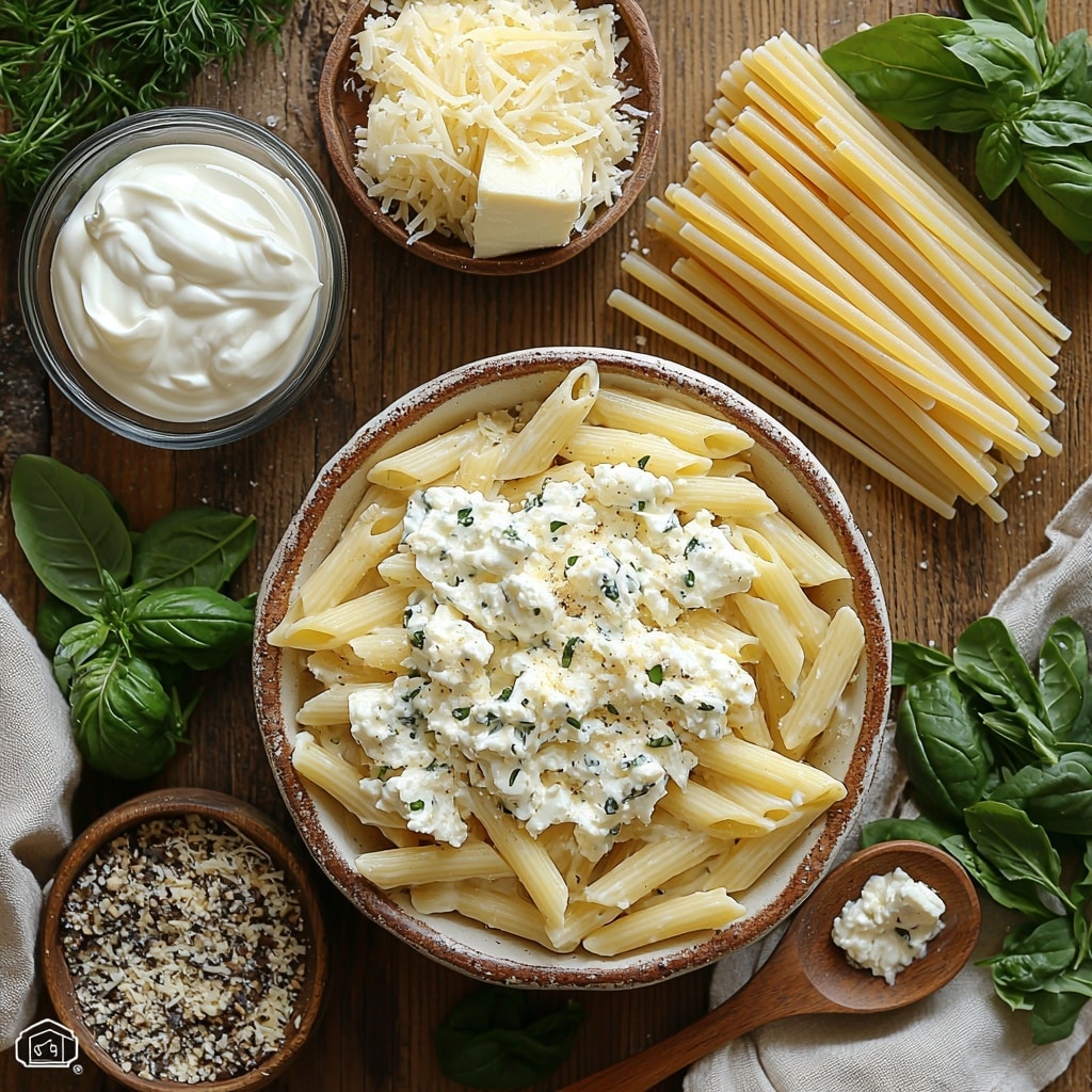 Cheesy Spinach Chicken Pasta Bake Recipe 4 16 ounces cooked al dente penne rigate pasta arranged in a small rustic bowl, 1 cup smooth sour cream in a white ceramic dish, 8 ounces block of cream cheese with a clean cut slice showing creamy texture, ½ cup milk in a clear glass measuring cup, 3 tablespoons dry ranch seasoning mix scattered loosely on a wooden spoon, 2 cups shredded mozzarella cheese in a neat pile with soft, fluffy strands visible, 10 ounces thawed and well-drained bright green spinach placed in a small white bowl, 3 cups cooked and shredded chicken breast showing tender, juicy texture arranged in a simple heap. All ingredients are laid out on a clean, neutral light wood surface, styled with natural soft lighting to accentuate the creamy whites, vibrant greens, and subtle golden tones of chicken and pasta. Minimal shadows, slight rustic elements like a folded linen napkin, and fresh herbs lightly sprinkled around for contrast and freshness. Overhead shot, top down view, flat lay photography, professional food styling --ar 1:1 --q 2 --s 750 --v 6.1