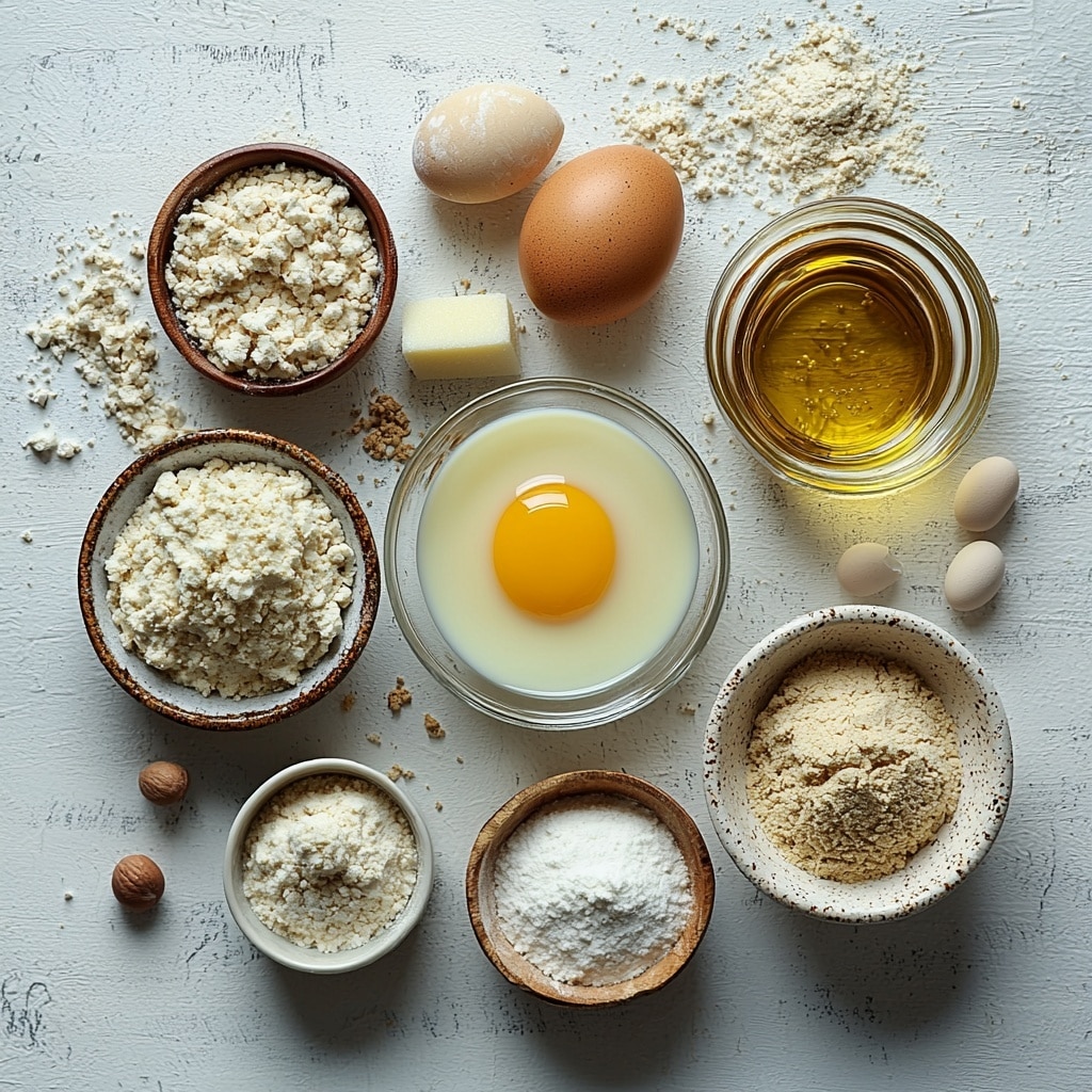 Sourdough English Muffins Recipe 4 A clean, bright white surface with all the main ingredients of sourdough English muffins neatly arranged for an overhead flat lay: a small glass bowl of warm milk with a creamy off-white color, a rustic jar of pale tan sourdough discard with a slightly bubbly texture, a small clear bowl with golden yellow oil glistening in the light, a single large smooth brown egg, a small white dish of fine white sugar crystals, a tiny heap of beige instant yeast granules, a small pile of fine white salt, a mound of white all-purpose flour with a powdery texture, and a small shallow dish of coarse yellow cornmeal with a grainy texture. The ingredients are spaced evenly in a loose circle, each in simple clear glass or white ceramic containers, with soft natural light casting gentle shadows to emphasize textures and colors. Minimalistic styling with a clean, modern aesthetic, some subtle flour dusting and tiny cornmeal grains scattered casually around the bowls to add interest, evoking a calm and inviting kitchen atmosphere. Overhead shot, top down view, flat lay photography, professional food styling --ar 1:1 --q 2 --s 750 --v 6.1
