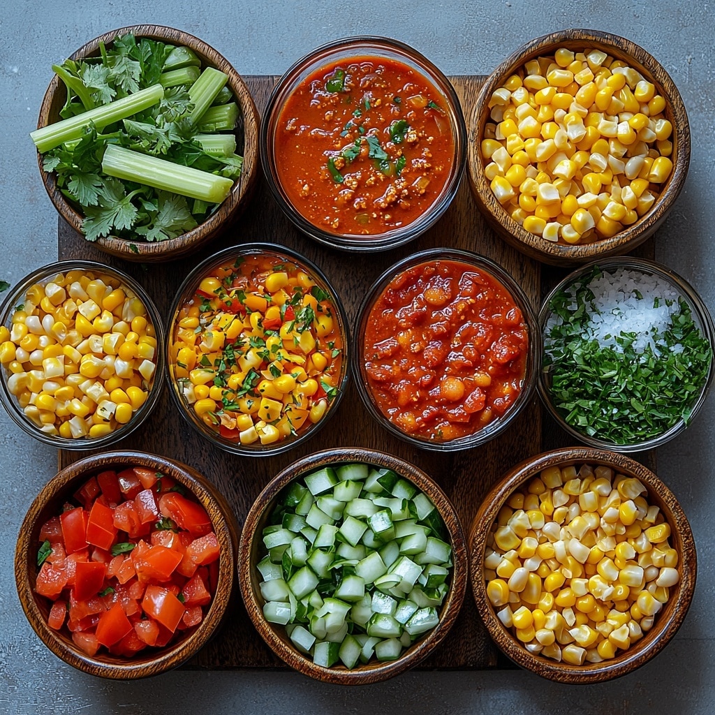Easy Crockpot Freezer Meal Chili Recipe 4 Vibrant flat lay of fresh and pantry ingredients for crockpot chili arranged neatly on a clean white surface: bright diced red bell pepper, crisp green celery stalks cut into small pieces, finely diced white onion, vibrant orange frozen corn kernels, shiny deep red tomato sauce in a small bowl, rich red diced tomatoes, chunky Rotel tomatoes with chili peppers in a rustic bowl, smooth drained and rinsed light brown pinto beans, small bowls of warm reddish-brown chili powder, smoky paprika, deep red cayenne pepper, and earthy cumin powders, a mound of coarse white salt, a glass measuring cup filled with golden vegetable stock, and a small glass bowl of fresh lime juice with a lime wedge nearby. Ingredients arranged in harmonious sections with natural light casting soft shadows, subtle textures of wooden bowls and fresh produce, crisp colors enhanced for appetizing appeal. Overhead shot, top down view, flat lay photography, professional food styling --ar 1:1 --q 2 --s 750 --v 6.1