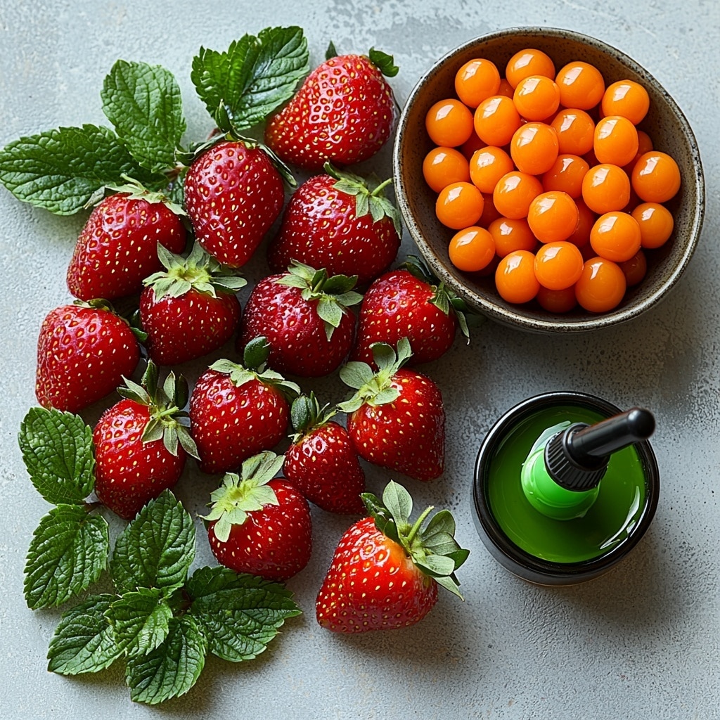 Best Chocolate Covered Strawberry Pumpkins Recipe 4 A clean, bright surface featuring a neatly arranged flat lay of fresh, vibrant red strawberries with green leafy tops, a small bowl filled with smooth, glossy orange candy melts showcasing a rich, shiny texture, and a tiny dish holding a dropper bottle of green gel food coloring with a small dab of vivid green gel beside it; the strawberries are spaced evenly with some grouped in small clusters, the candy melts bowl positioned to catch soft natural light enhancing their vibrant orange hue, and the green gel adding a pop of contrasting color to the composition; minimalistic white background with subtle shadows for depth, styled with natural light to emphasize freshness and rich colors, clean and modern aesthetic, overhead shot, top down view, flat lay photography, professional food styling --ar 1:1 --q 2 --s 750 --v 6.1