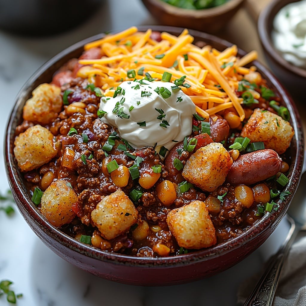 Best Crockpot Chili Dog Casserole Recipe 4 Beef hot dog rounds arranged in a small rustic bowl, shredded sharp cheddar cheese piled loosely nearby showcasing bright orange-yellow hues, a deep red bowl filled with rich, chunky chili featuring visible beans and spices, crispy golden frozen tater tots scattered artfully on a clean white surface, a small dish of smooth, creamy white sour cream with a silver spoon, vibrant green sliced green onions fanned out beside the sour cream dish adding fresh color contrast. All ingredients spaced evenly on a pristine white marble countertop with natural soft daylight illuminating textures—rough chili, melty cheese strands, crispy tots, and moist frank slices. Minimal shadows, bright and inviting with subtle rustic kitchen props like a linen napkin and wooden cutting board edges just peeking into frame. overhead shot, top down view, flat lay photography, professional food styling --ar 1:1 --q 2 --s 750 --v 6.1