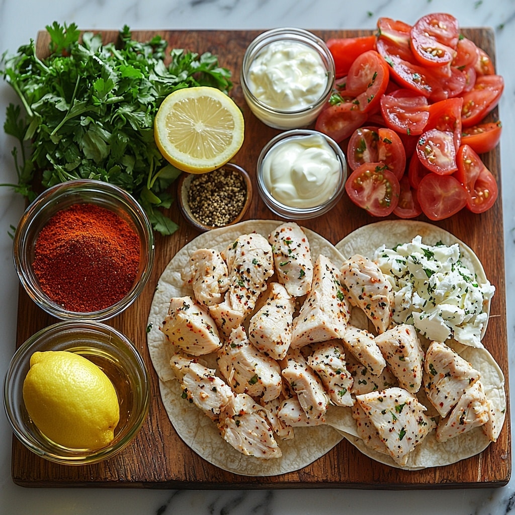 Delicious Garlic Chicken Wraps Recipe: Easy & Flavorful! Recipe 4 /Imagine vibrant flat lay of fresh cooking ingredients for garlic chicken wraps artfully arranged on a clean white marble surface: golden olive oil in a small glass bowl glistening under soft light, two plump garlic cloves peeled and minced on a rustic wooden board, raw boneless skinless chicken breast strips pale pink and fresh, colorful spices in small ceramic dishes—paprika deep red, cumin warm brown, salt and black pepper coarse crystals—bright yellow half lemon cut to show juicy texture, four soft large flour tortillas neatly stacked with subtle flour dusting, crisp shredded green lettuce piled loosely, juicy diced red tomato with seeds and pulp visible, thinly sliced translucent red onion rings fanned out, shredded cheddar and mozzarella cheese mixed in a small white bowl, creamy white Greek yogurt in a modern ramekin, and a sprinkling of finely chopped fresh parsley adding vivid green contrast—overall composition balanced with natural daylight enhancing textures and colors, shadows soft and inviting, styled with slight rustic charm and modern minimalism—overhead shot, top down view, flat lay photography, professional food styling --ar 1:1 --q 2 --s 750 --v 6.1