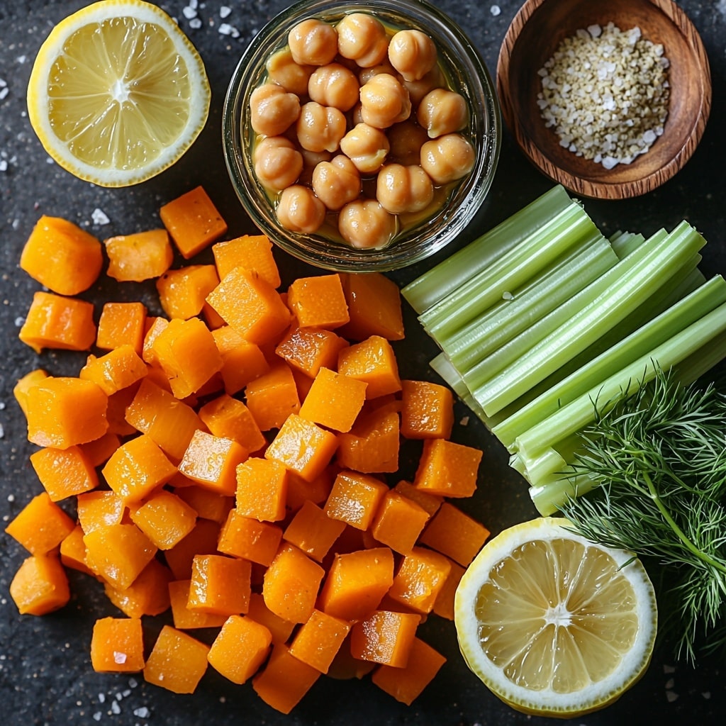 Easy Greek Chickpea Soup Recipe 4 2 tablespoons golden olive oil in a small glass bowl, 1 medium yellow onion, peeled and chopped into medium chunks, 3 cloves of garlic peeled and minced, 2 medium carrots diced into bright orange cubes, 2 celery stalks diced with fresh green hues, 2 cans (15 oz each) of chickpeas drained and rinsed, creamy beige and glossy, 4 cups vegetable broth in a clear measuring cup showing light golden liquid, 1/3 cup smooth, pale beige tahini in a small ceramic bowl, 1/4 cup fresh lemon juice in a glass bowl with a halved lemon nearby showing vibrant yellow rind and juicy pulp, 2 tablespoons chopped fresh dill with vivid green feathery leaves, 1 teaspoon coarse white salt crystals, 1/2 teaspoon cracked black peppercorns, 1/4 teaspoon smoked paprika or bright red chili flakes sprinkled in a tiny bowl; all ingredients arranged neatly on a clean, bright white textured surface, colors contrasting and complementing each other, natural daylight with soft shadows highlighting textures, minimalist and elegant composition with small wooden spoons and a linen napkin as subtle props, emphasizing freshness and simplicity, overhead shot, top down view, flat lay photography, professional food styling --ar 1:1 --q 2 --s 750 --v 6.1