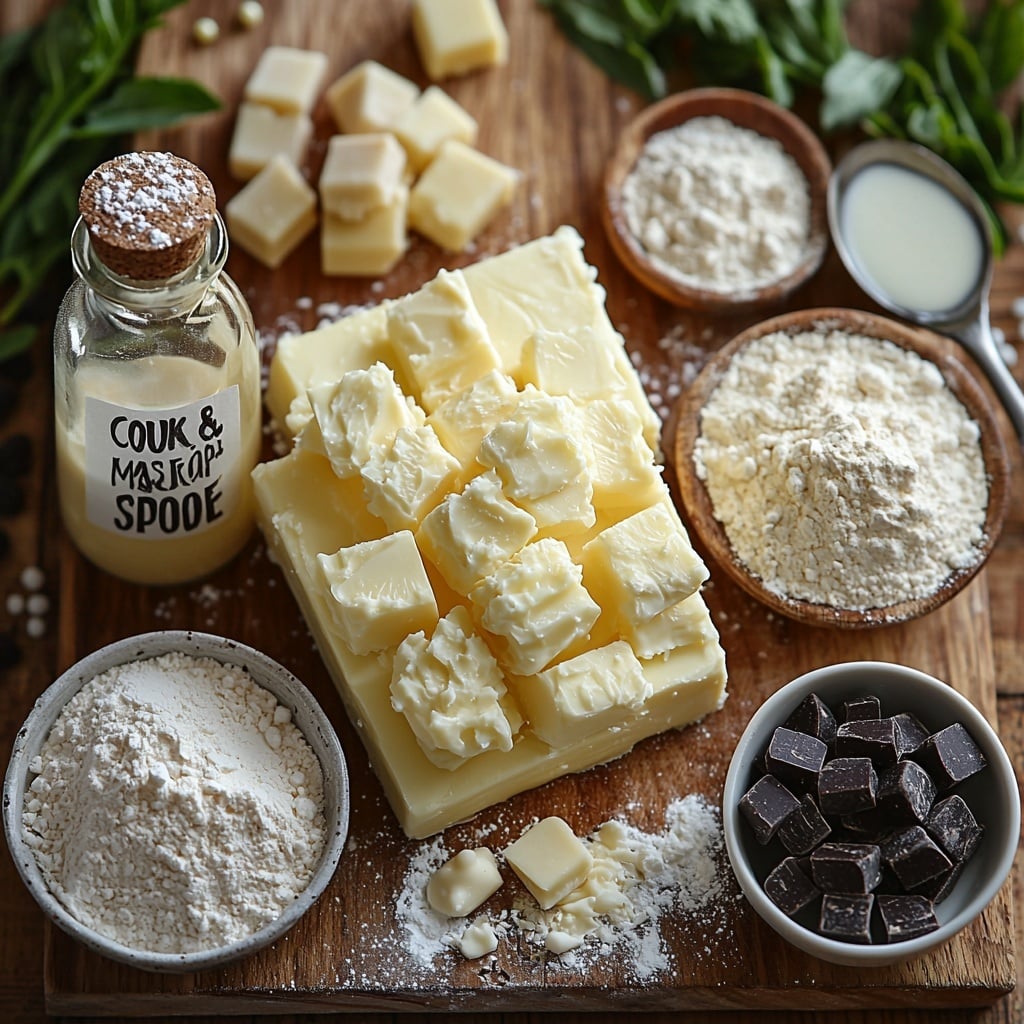Classic Danish Butter Cookies Recipe 4 255g unsalted butter, softened, pale yellow block with smooth texture; 30g powdered sugar in a small white ceramic bowl, fine and snowy; 1 teaspoon vanilla extract in a small glass vial with amber liquid; 160g all-purpose flour loosely piled, soft and powdery, off-white; 8g cornstarch in a tiny clear bowl, fine and white; a small dish with 1-2 teaspoons heavy cream, glossy and creamy white; 170g dark chocolate chips, shiny and irregularly shaped, deep brown; 170g white chocolate chips, creamy ivory and glossy; colorful candied sprinkles scattered in a small clear bowl, vibrant reds, yellows, greens; all items carefully arranged with some ingredients in bowls and others loose on a clean, light wooden surface with subtle natural grain; soft diffused natural light casting gentle shadows enhancing textures; minimalistic styling with a neutral linen napkin partially visible; delicate crumbs and a stainless steel spoon placed casually to add interest; overhead shot, top down view, flat lay photography, professional food styling --ar 1:1 --q 2 --s 750 --v 6.1