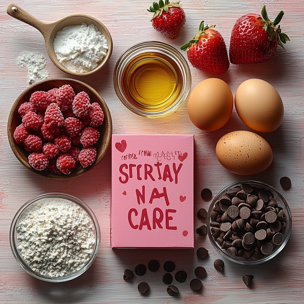 Mouthwatering Valentine's Day Strawberry Cookies Recipe 4 A clean, bright surface with the main ingredients for Valentine’s Day strawberry cookies artfully arranged in a balanced flat lay. A vibrant pink box of strawberry cake mix with crisp lettering sits alongside a small glass bowl of white baking powder. Two brown eggs with smooth shells rest near the center, accompanied by a clear measuring cup filled with glossy vegetable oil. A small glass dish holds creamy vanilla extract, next to a heap of glossy, meltingly smooth white chocolate chips sprinkled lightly around. Soft natural light casts gentle shadows, highlighting the contrasting textures—powdery baking powder, shiny oil, matte eggshells, and luscious chocolate chips. Minimal props—simple glass bowls and a clean wooden spoon—complete the elegant and inviting setup. overhead shot, top down view, flat lay photography, professional food styling --ar 1:1 --q 2 --s 750 --v 6.1