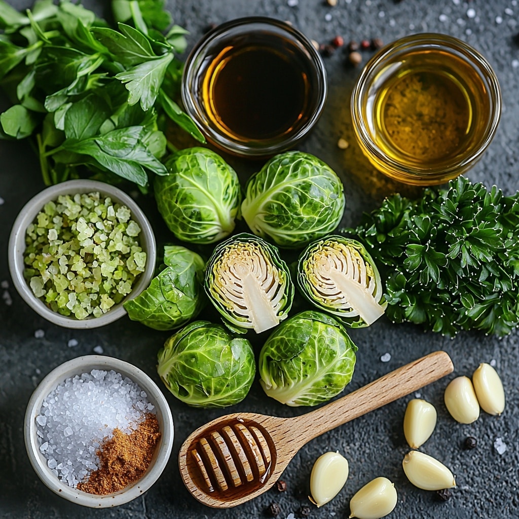 Honey Balsamic Roasted Brussels Sprouts Recipe 4 A clean, bright surface with fresh Brussels sprouts, trimmed and halved, their vibrant green leaves tightly packed and glossy; small glass bowls containing golden olive oil, dark amber balsamic vinegar, and smooth, rich honey with a warm golden hue; a small wooden spoon resting beside a pile of coarse salt crystals and ground black pepper; a scattering of pale beige garlic powder on white ceramic dish; a small heap of finely chopped fresh parsley with bright green leaves adding a pop of color; ingredients arranged harmoniously in a balanced, visually appealing flat lay composition, showcasing contrasting textures—shiny oil, rough salt, smooth honey, and leafy greens; natural, soft daylight highlighting the freshness and natural tones, subtle shadows for depth, and minimalistic styling with a touch of rustic charm; overhead shot, top down view, flat lay photography, professional food styling --ar 1:1 --q 2 --s 750 --v 6.1