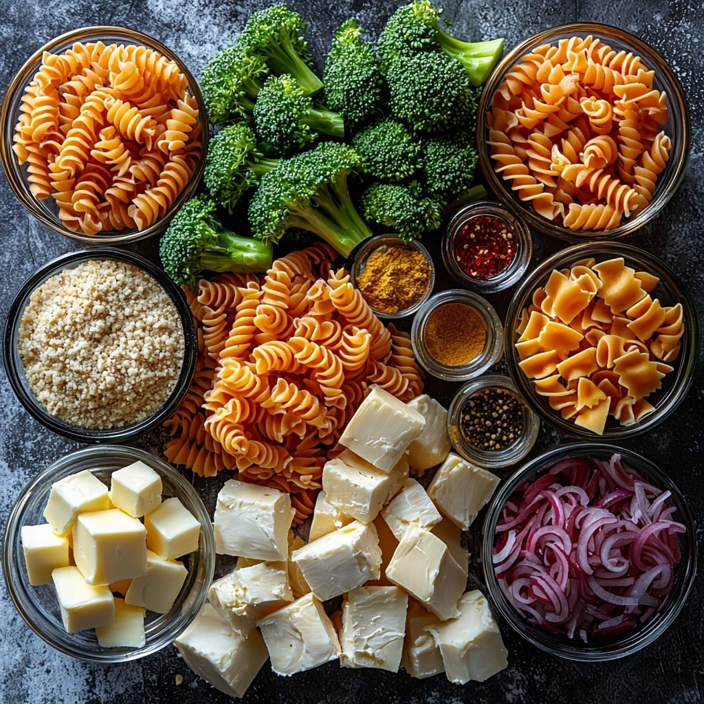 Chicken and Broccoli Pasta Bake Recipe 4 Chicken breast cubes seasoned with Italian herbs and freshly cracked black pepper, vibrant green broccoli florets clustered neatly, raw fusilli pasta spirals arranged in a small pile, a small bowl of golden crispy fried onions, a pat of creamy butter next to minced garlic cloves, grated Parmesan cheese and shredded bright orange cheddar cheese displayed side by side on rustic wooden scoops, a small glass measuring cup filled with pale creamy half and half mixed with chicken broth, a halved chicken bouillon cube, small glass containers holding soy sauce, Dijon mustard, hot sauce, olive oil with a subtle sheen, and white wine with gentle reflections, assorted small bowls containing paprika, onion powder, garlic salt, oregano, parsley, and Italian seasoning powders arranged like scattered pigments, all artfully set on a clean white marble surface that enhances the colors and textures, natural soft daylight illuminating from the side creating delicate shadows, minimalistic styling with a touch of rustic charm from wooden spoons and linen napkins, subtle steam effect suggesting warmth, crisp and vivid details, overhead shot, top down view, flat lay photography, professional food styling --ar 1:1 --q 2 --s 750 --v 6.1