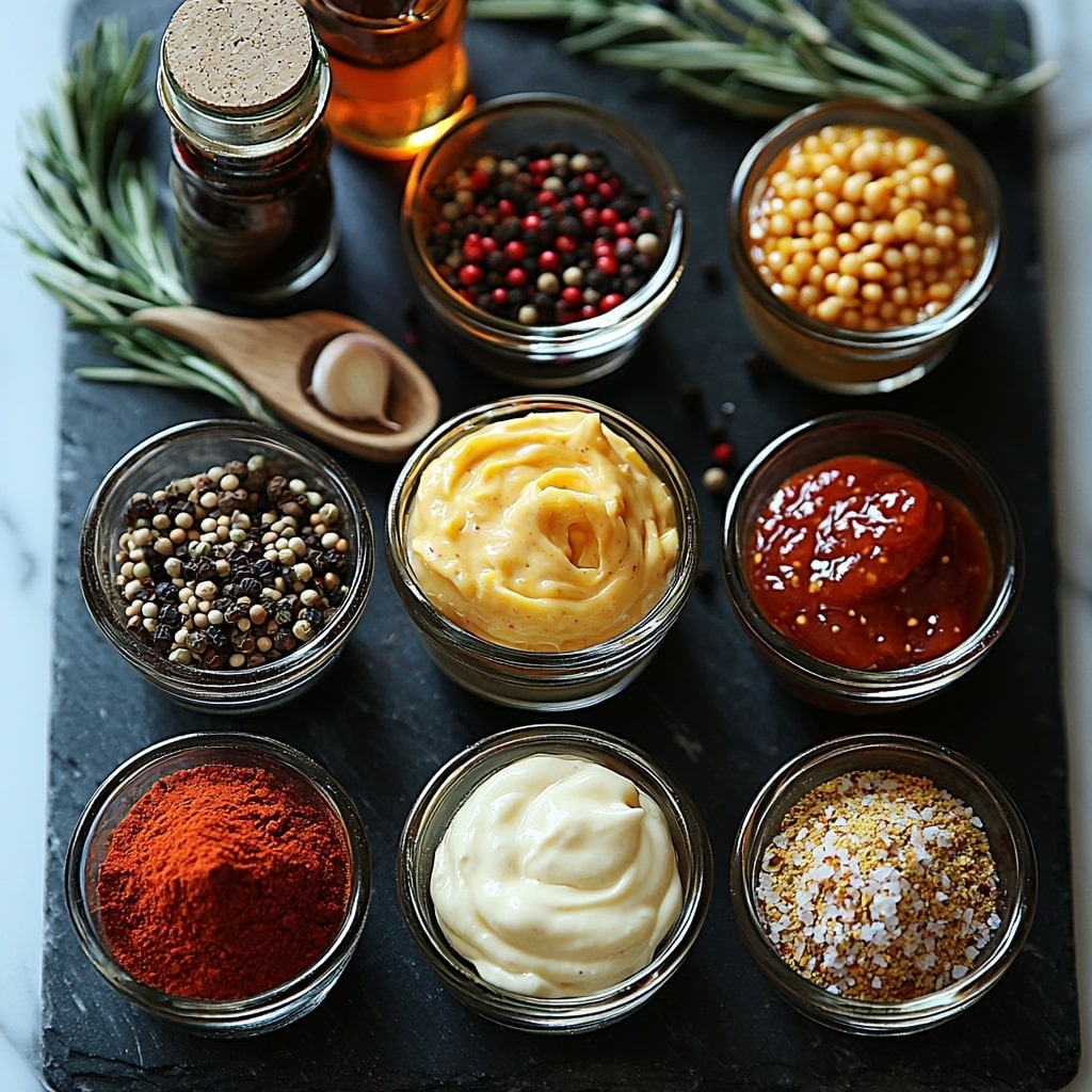 Shut Yo Mouth Sauce – A Bold & Creamy Condiment Recipe 4 Half cup creamy mayonnaise in a small glass bowl, two tablespoons smooth Dijon mustard in a rustic ceramic spoon, one tablespoon bright red ketchup in a white porcelain sauce dish, one tablespoon vibrant orange-red hot sauce in a tiny glass container, one tablespoon amber apple cider vinegar in a small clear measuring cup, a heap of deep red smoked paprika powder on a wooden scoop, small piles of fine white garlic powder and onion powder side by side on a black slate board, a pinch of fiery cayenne pepper powder in a delicate ceramic spoon, a teaspoon of golden honey glistening in a glass jar, scattered coarse salt crystals and cracked black peppercorns, all arranged neatly on a clean white marble surface with natural soft daylight illuminating the rich colors and varied textures, a few fresh glass bottles and wooden utensils subtly placed on the edges for balance, shadows soft and minimal, focus on freshness and ingredient detail, overhead shot, top down view, flat lay photography, professional food styling --ar 1:1 --q 2 --s 750 --v 6.1