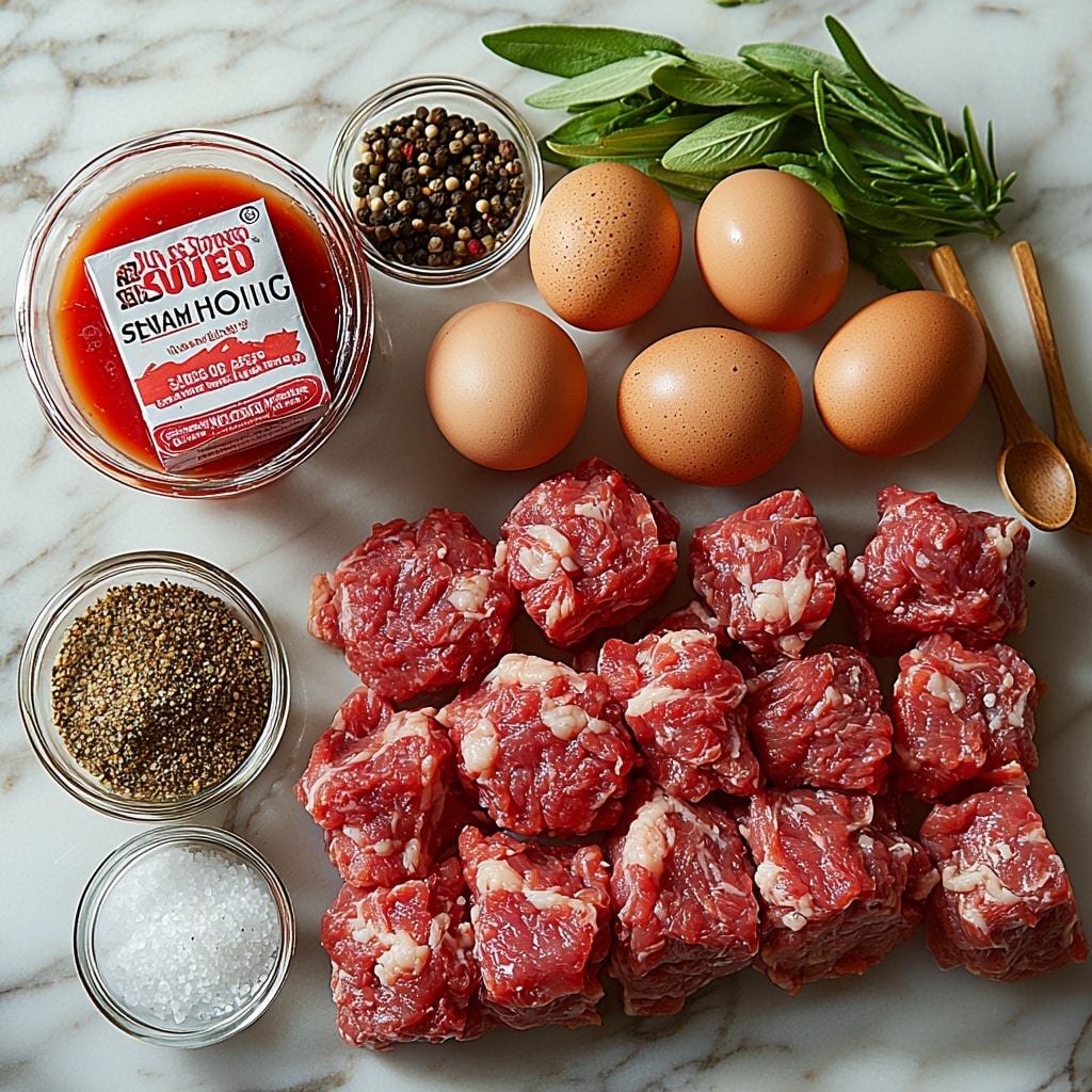 Stove Top Stuffing Meatloaf (Oven Baked) Recipe 4 Stove Top stuffing mix box with colorful packaging, a clear measuring cup holding 1 cup of water or rich beef broth, a bowl of raw ground beef showcasing deep red color and marbled texture, two large brown eggs with smooth shells, a small glass bowl filled with bright red ketchup, a small glass dish containing dark Worcestershire sauce, scattered piles of light beige garlic powder and onion powder, and small white bowls of coarse salt and freshly ground black pepper. All ingredients are neatly arranged on a clean white marble surface with natural light highlighting the vibrant colors and varied textures. Minimalistic styling with subtle shadows, fresh and inviting look, wooden spoon and metal measuring spoons placed casually for texture contrast. Overhead shot, top down view, flat lay photography, professional food styling --ar 1:1 --q 2 --s 750 --v 6.1