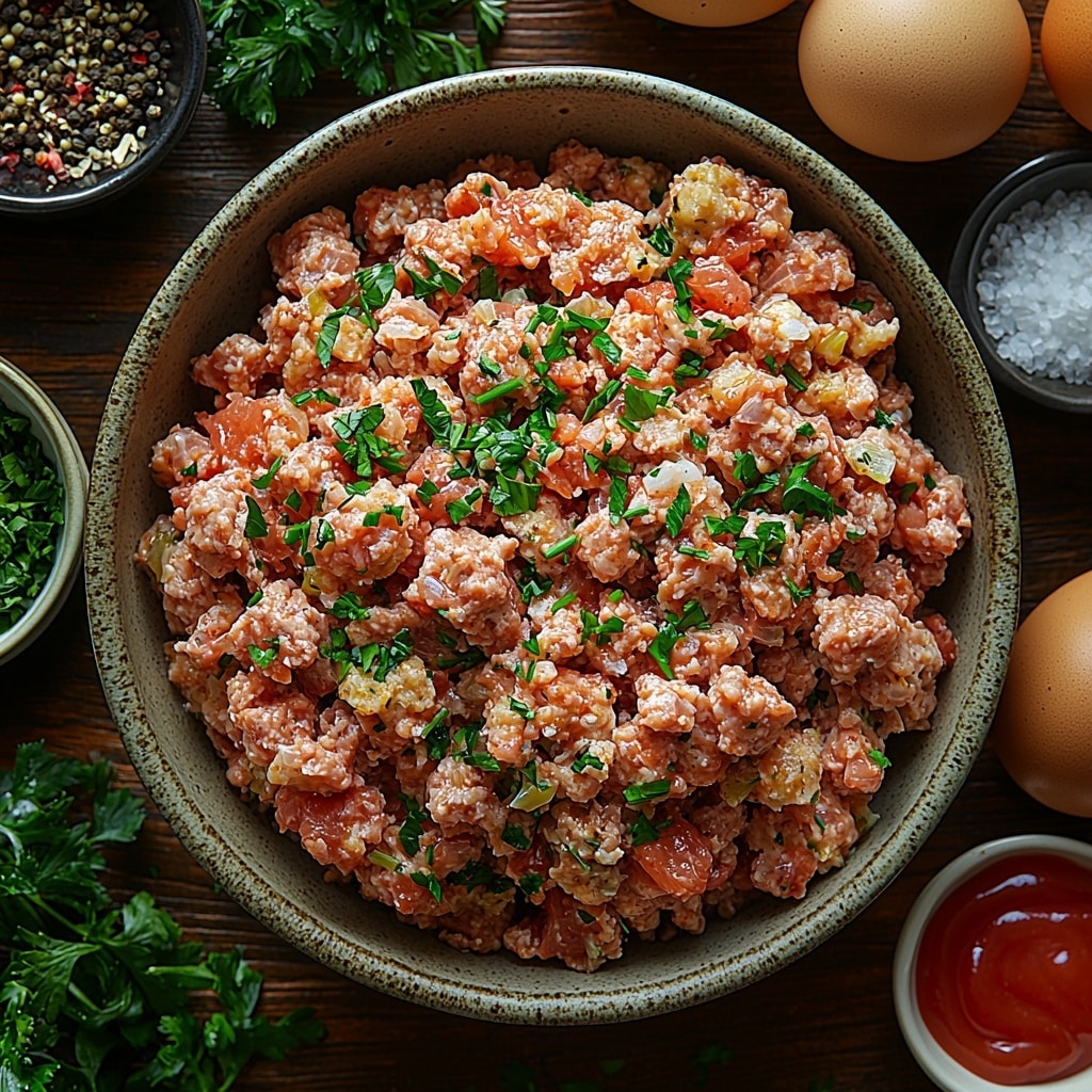 Stove Top Stuffing Meatloaf (Oven Baked) Recipe 4 Stove Top stuffing mix box with colorful packaging, clear measuring cup with water or milk, raw ground beef and pork mixture in a rustic bowl showing rich red and pink hues and marbled texture, two large fresh brown eggs with smooth shells, small glass bowl of bright red ketchup, finely chopped white onion in a small white dish, sprinkle of garlic powder in a tiny bowl with off-white powder texture, coarse black pepper and salt crystals in matching small dishes, fresh vibrant green chopped parsley scattered lightly, all ingredients neatly arranged in a balanced circular composition on a clean white wooden surface with natural soft lighting highlighting textures and colors, subtle shadows for depth, minimal props for a clean and inviting look, overhead shot, top down view, flat lay photography, professional food styling --ar 1:1 --q 2 --s 750 --v 6.1