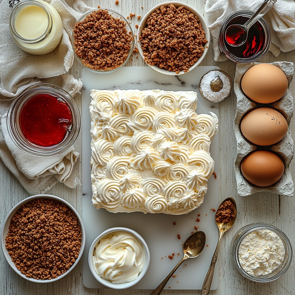 Red Velvet Cheesecake Recipe 4 A clean, bright surface with all the main ingredients for a red velvet cheesecake carefully arranged in an aesthetically pleasing flat lay: a small bowl of golden graham cracker crumbs with a textured spoon resting beside it, a clear glass measuring cup filled with melted golden butter, a small white bowl of fine granulated sugar, a glossy block of softened cream cheese on a marble slab, a cluster of three large brown eggs placed neatly together, a small white ramekin with rich dark cocoa powder, a small glass jar containing vibrant red food coloring with a visible droplet on the rim, a tiny dish holding clear vinegar, a small bowl of powdered sugar with a delicate dusting around the edges, and a clear bottle of vanilla extract with a minimalist label. Soft dollops of whipped cream are artfully swirled in a small dish. Textural contrasts between smooth cream cheese, powdery sugars, coarse crumbs, and glossy liquids highlighted. Natural, diffused daylight illuminating the scene, subtle shadows for depth. Simple linen napkin folded on one side, a silver teaspoon nearby for scale. Clean white and light wood background with neutral tones, minimal props to keep focus on ingredients. The arrangement forms a balanced composition with slight asymmetry for interest. overhead shot, top down view, flat lay photography, professional food styling --ar 1:1 --q 2 --s 750 --v 6.1