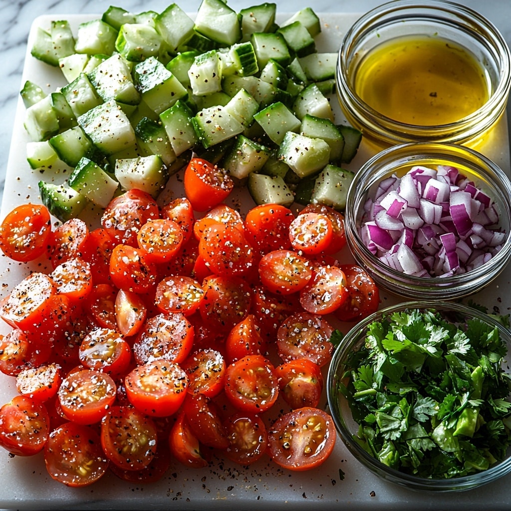 Tomato Cucumber Avocado Salad Recipe 4 cherry tomatoes halved with bright red glossy skins, diced cucumber pieces showing pale green and white contrast, ripe avocado chunks with creamy light green flesh, finely chopped red onion with purple and white hues, fresh chopped cilantro leaves with vibrant green color, small glass bowls containing golden olive oil and a lime wedge beside a bowl of lime juice, coarse salt and cracked black pepper scattered lightly on a clean white marble surface, ingredients artistically arranged in neat clusters with natural shadows enhancing textures and freshness, crisp and vivid colors highlighting the freshness of each component, minimalist style with soft natural lighting to emphasize the vibrant, juicy textures and freshness of the produce, overhead shot, top down view, flat lay photography, professional food styling --ar 1:1 --q 2 --s 750 --v 6.1