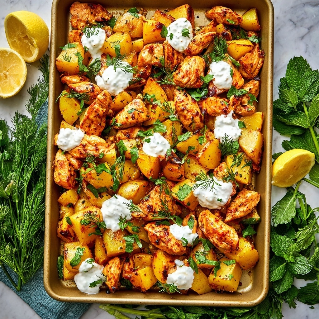 Harissa Chicken and Potatoes with Garlic Yogurt and Fresh Herbs Recipe