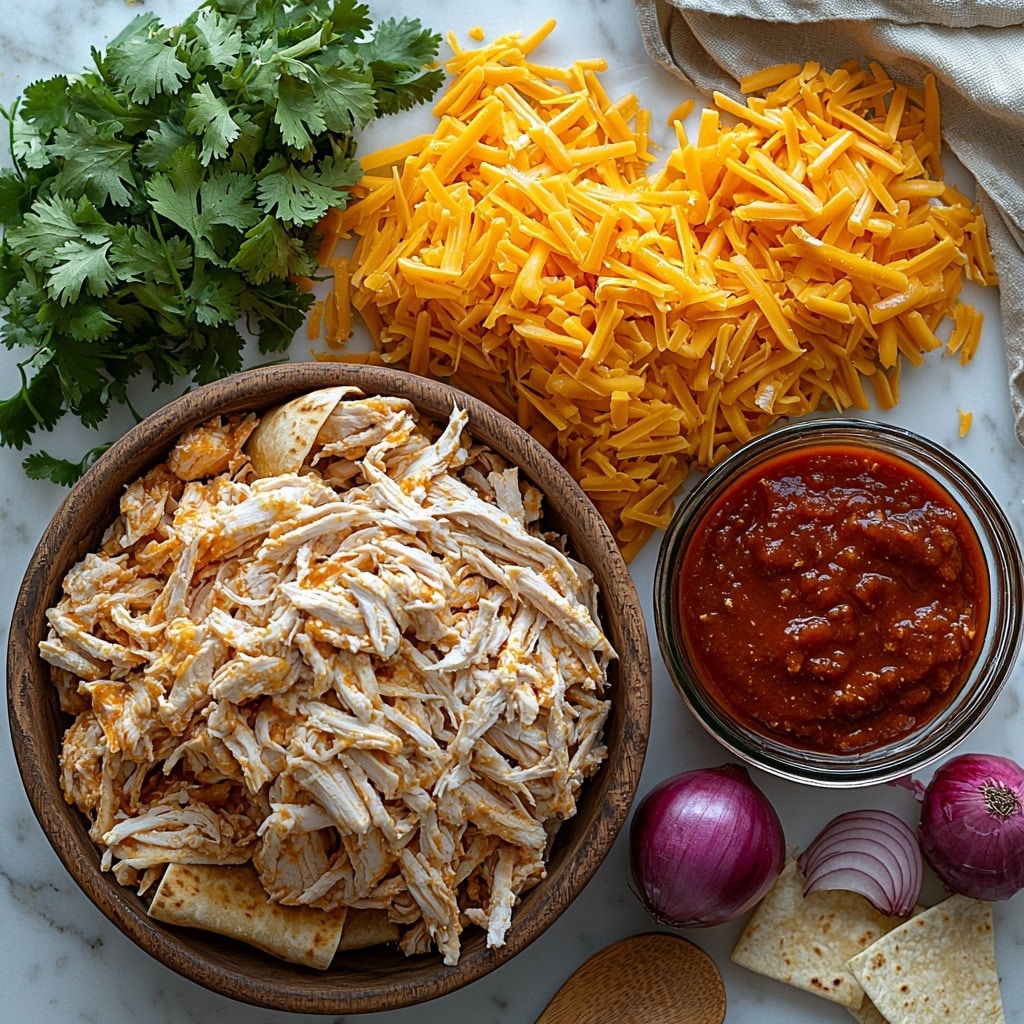 Chicken Enchilada Casserole Recipe 4 A vibrant flat lay of main ingredients for chicken enchilada casserole artfully arranged on a clean white marble surface. Juicy shredded cooked chicken piled loosely on a small rustic wooden bowl, next to a heap of bright orange shredded cheddar cheese with a slightly textured, crumbly appearance on a simple white ceramic plate. Neatly stacked, soft 8-inch flour tortillas with a light golden color and subtle flour dusting, fanned out in a gentle arc. A small glass bowl filled with deep red enchilada sauce, glossy and smooth. Diced yellow onions with translucent edges scattered next to a wooden spoon dusted with warm reddish-brown taco seasoning powder. The overall composition balanced with natural light casting soft shadows, emphasizing the vibrant reds, yellows, and creamy beige tones, styled with minimalistic props—linen napkin in neutral tones and a few fresh green cilantro leaves for a pop of color. Overhead shot, top down view, flat lay photography, professional food styling --ar 1:1 --q 2 --s 750 --v 6.1