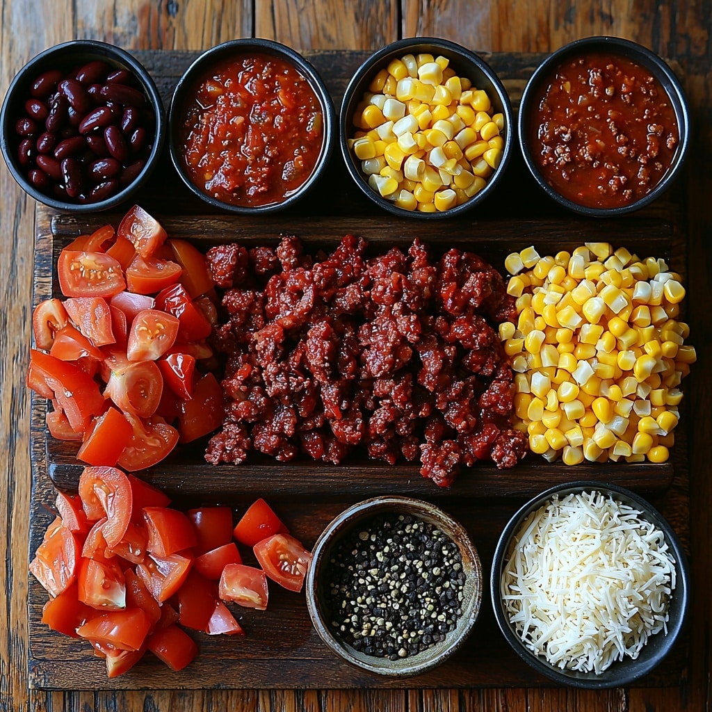 Cattle Drive Casserole: A Hearty One-Pot Delight Recipe 4 A bright, clean wooden surface with all the main ingredients for a hearty casserole neatly arranged in a visually balanced flat lay: a raw pound of ground beef with rich, deep red tones and marbled texture; two open cans showing vibrant kidney beans in glossy deep red and black beans with smooth dark surfaces, both drained and rinsed; a small bowl of diced tomatoes in bright red with juicy, chunky texture; a cup of golden yellow corn kernels, slightly glossy; a small pile of chopped white onion pieces with a translucent quality; minced garlic cloves with a finely chopped, creamy white texture; diced bell pepper pieces in a mix of bright orange and red hues adding vivid color contrast; a rustic bowl filled with dark brown beef broth; small bowls containing chili powder with a deep rusty red color, ground cumin in pale earthy tone, and salt and black pepper in neat piles; and a mound of shredded pale yellow cheese with soft, wispy strands optionally placed to one side. The ingredients are spaced evenly with natural shadows, accentuating their fresh textures and vibrant colors against the light background. Overhead shot, top down view, flat lay photography, professional food styling --ar 1:1 --q 2 --s 750 --v 6.1