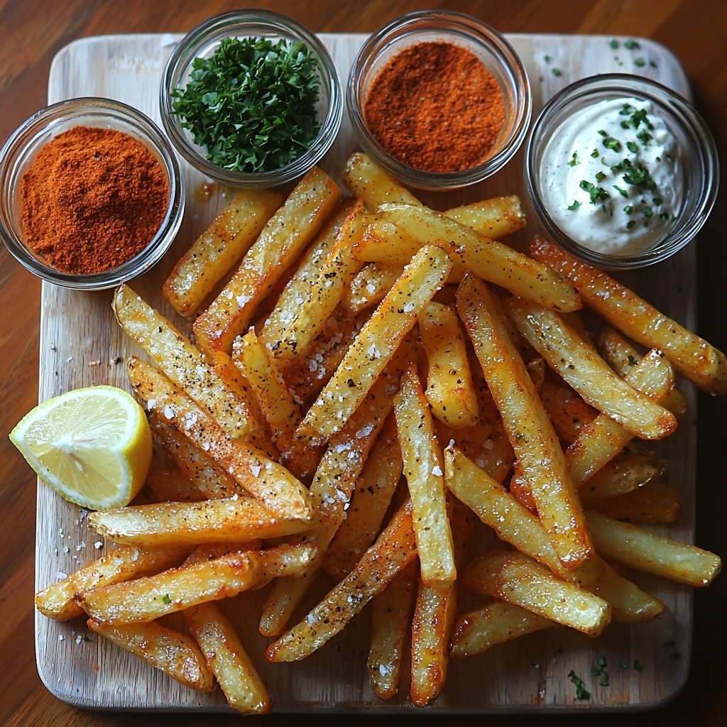 Oven Baked Harra Fries Recipe 4 A clean white surface with a rustic wooden cutting board at the center holding thick-cut frozen fries in a neat pile, some scattered around for texture. Small glass bowls containing olive oil gleaming golden-yellow, vibrant paprika and bright red cayenne powder, warm brown ground coriander, and fine white garlic powder arranged in a semi-circle. A halved fresh lemon with glistening juicy pulp placed nearby alongside a small bowl of creamy white Lebanese toum garlic sauce with a silver spoon. Fresh bright green chopped parsley scattered artfully around, with a sprinkle of coarse sea salt crystals on the surface. The overall color palette is warm and inviting with reds, yellows, and greens contrasting the white and wood tones. Soft natural light casting gentle shadows, emphasizing textures of frozen fries, powdery spices, and creamy sauce. Overhead shot, top down view, flat lay photography, professional food styling --ar 1:1 --q 2 --s 750 --v 6.1