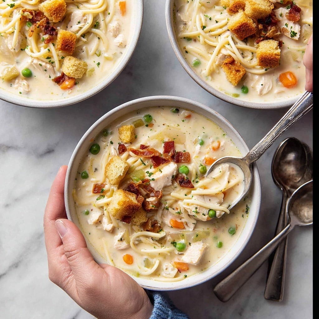 Creamy Chicken Noodle Soup with Mini Croutons and Crispy Bacon Recipe 5 Creamy Chicken Noodle Soup with Mini Croutons and Crispy Bacon Recipe - Recipe Image