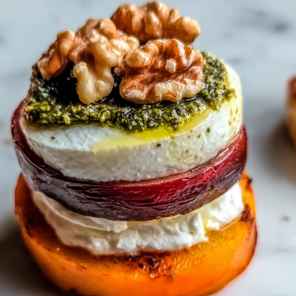 Sweet Potato & Beet Stacks with Pesto, Burrata & Walnuts Recipe