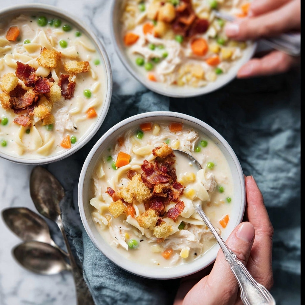 Creamy Chicken Noodle Soup with Mini Croutons and Crispy Bacon Recipe 6 Creamy Chicken Noodle Soup with Mini Croutons and Crispy Bacon Recipe - Recipe Image
