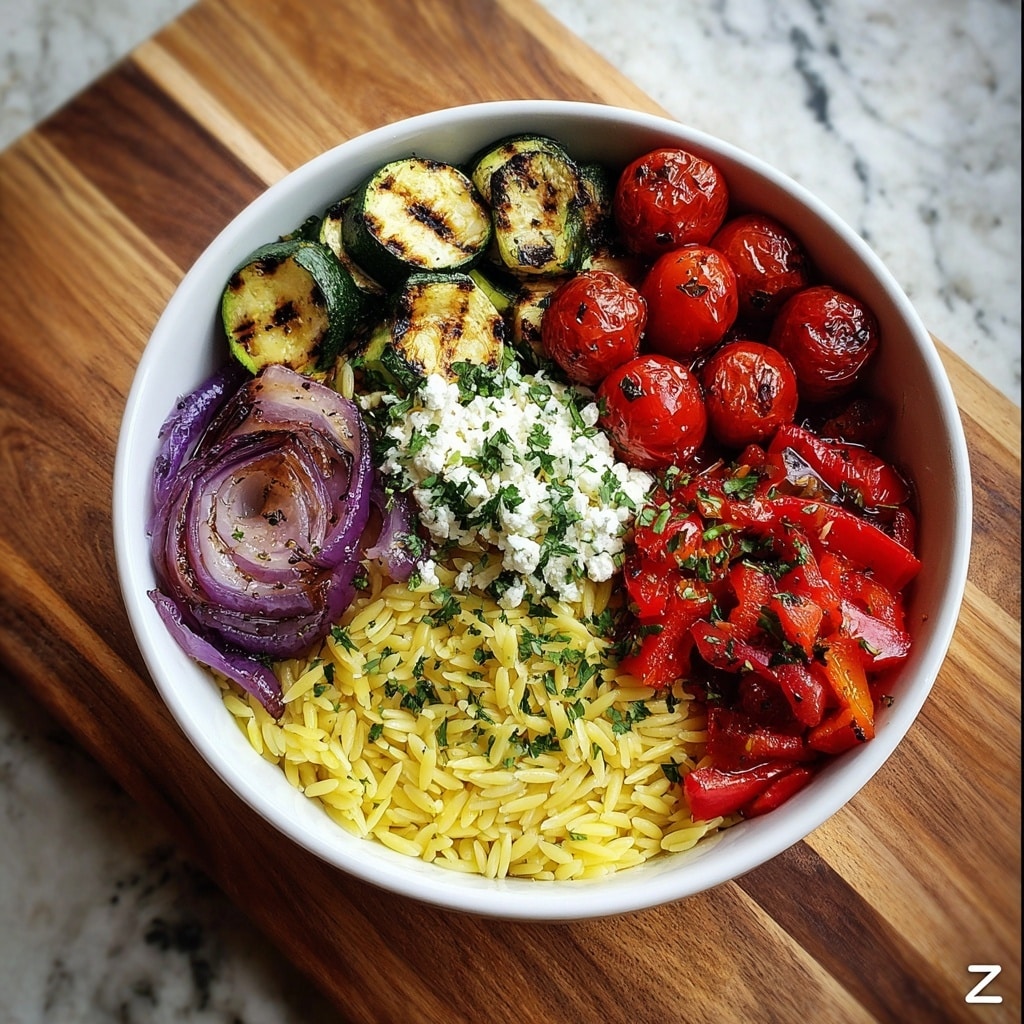 Orzo Bowl with Feta, Roasted Veggies & Herbed Dressing Recipe
