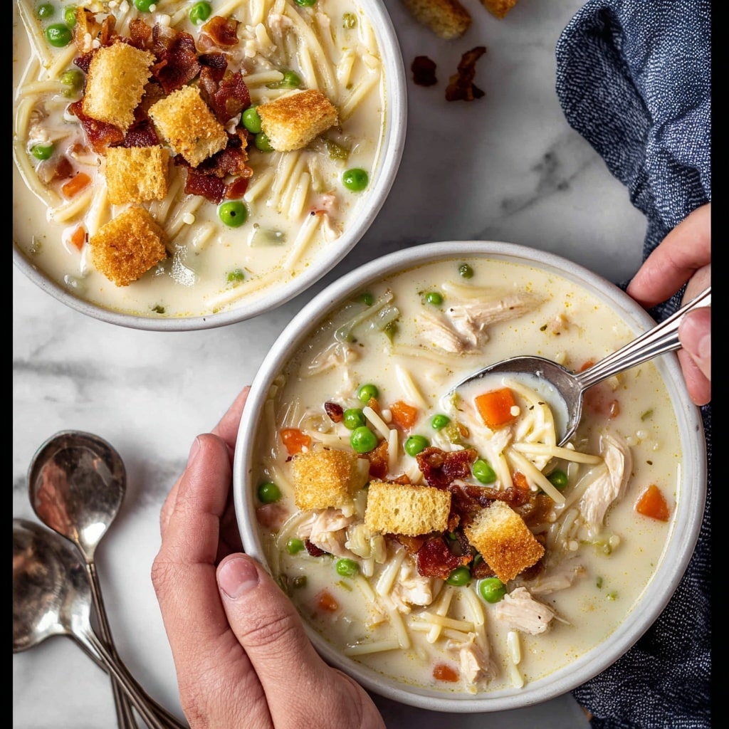 Creamy Chicken Noodle Soup with Mini Croutons and Crispy Bacon Recipe