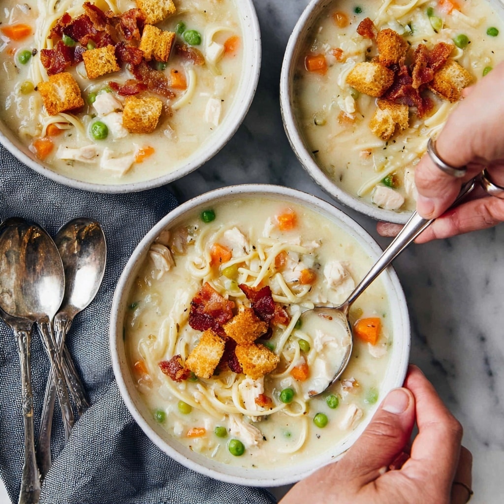 Creamy Chicken Noodle Soup with Mini Croutons and Crispy Bacon Recipe 5 Creamy Chicken Noodle Soup with Mini Croutons and Crispy Bacon Recipe - Recipe Image