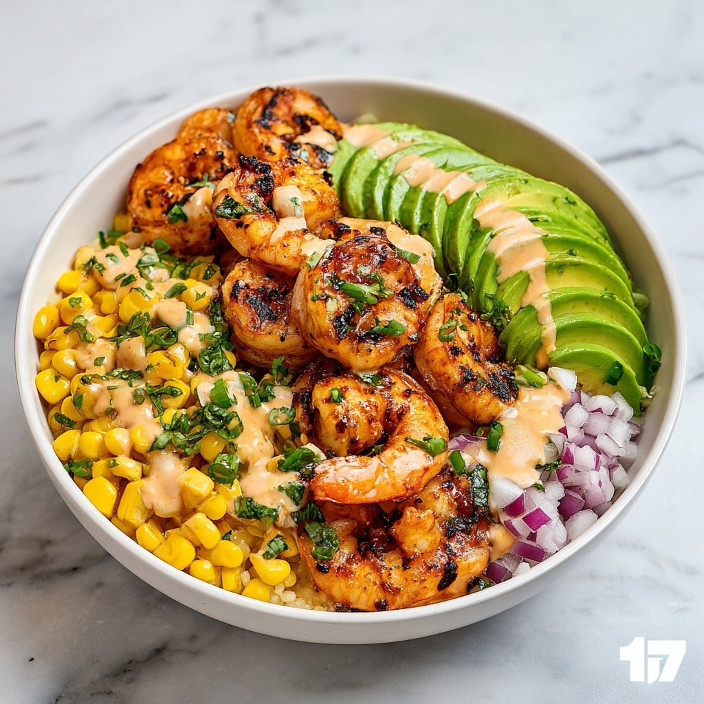 Grilled Shrimp Bowl with Avocado, Corn Salsa, and Creamy Garlic Sauce Recipe