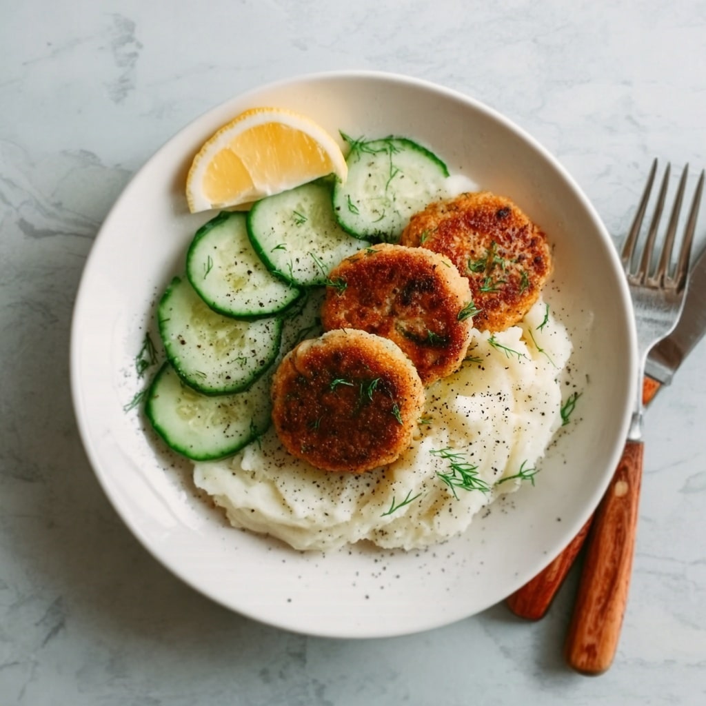 Baked Chicken Rissoles with Lemon, Mashed Potatoes, and Garlic Cucumber Salad Recipe