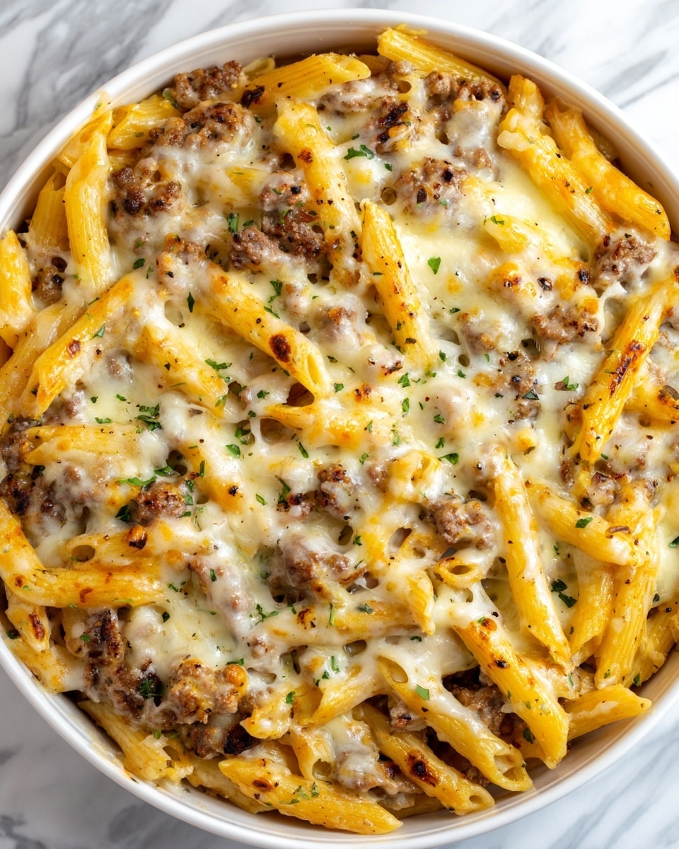 Cheesy Penne with Garlic Butter Ground Beef Recipe