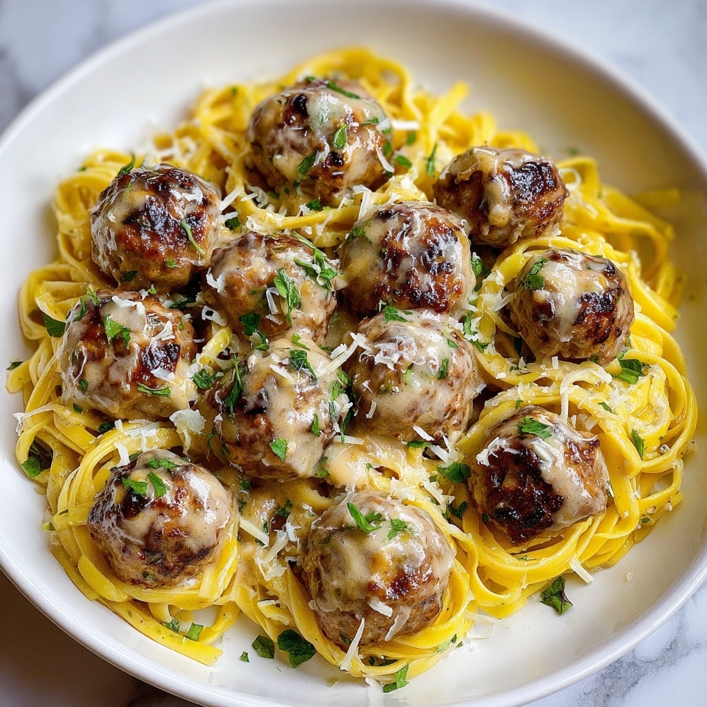 Easy Garlic Butter Meatballs Served Over Creamy Parmesan Linguine Recipe
