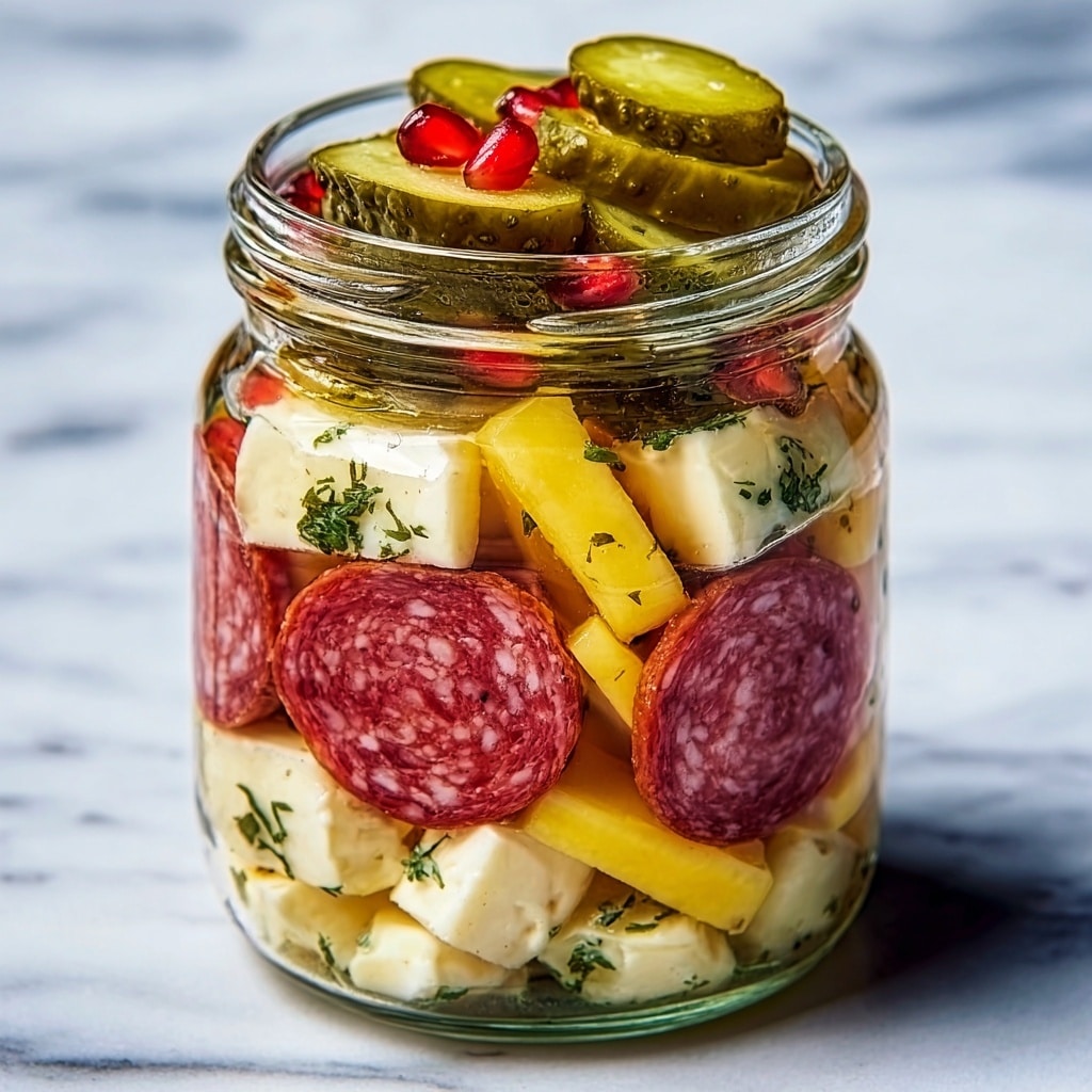Marinated Cheese Appetizer with Salami & Pickles Recipe 6 Marinated Cheese Appetizer with Salami & Pickles Recipe - Recipe Image