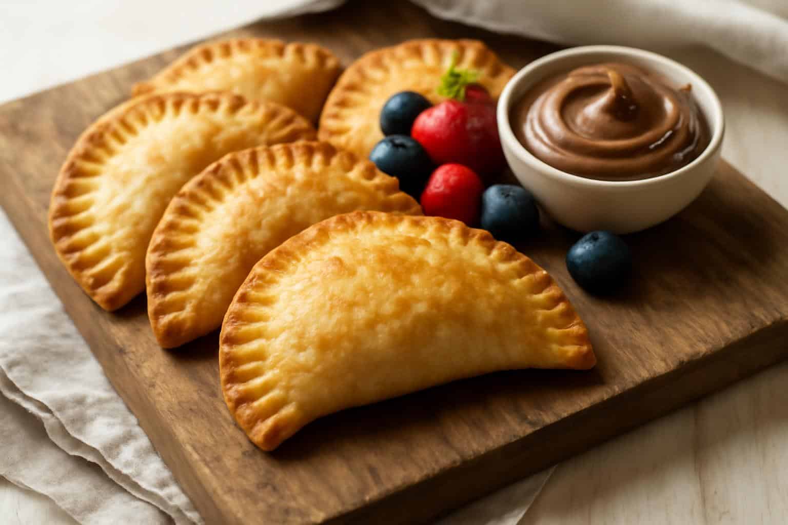 Golden-brown nutella toast pies fresh from the air fryer with a bowl of nutella on a rustic wooden board