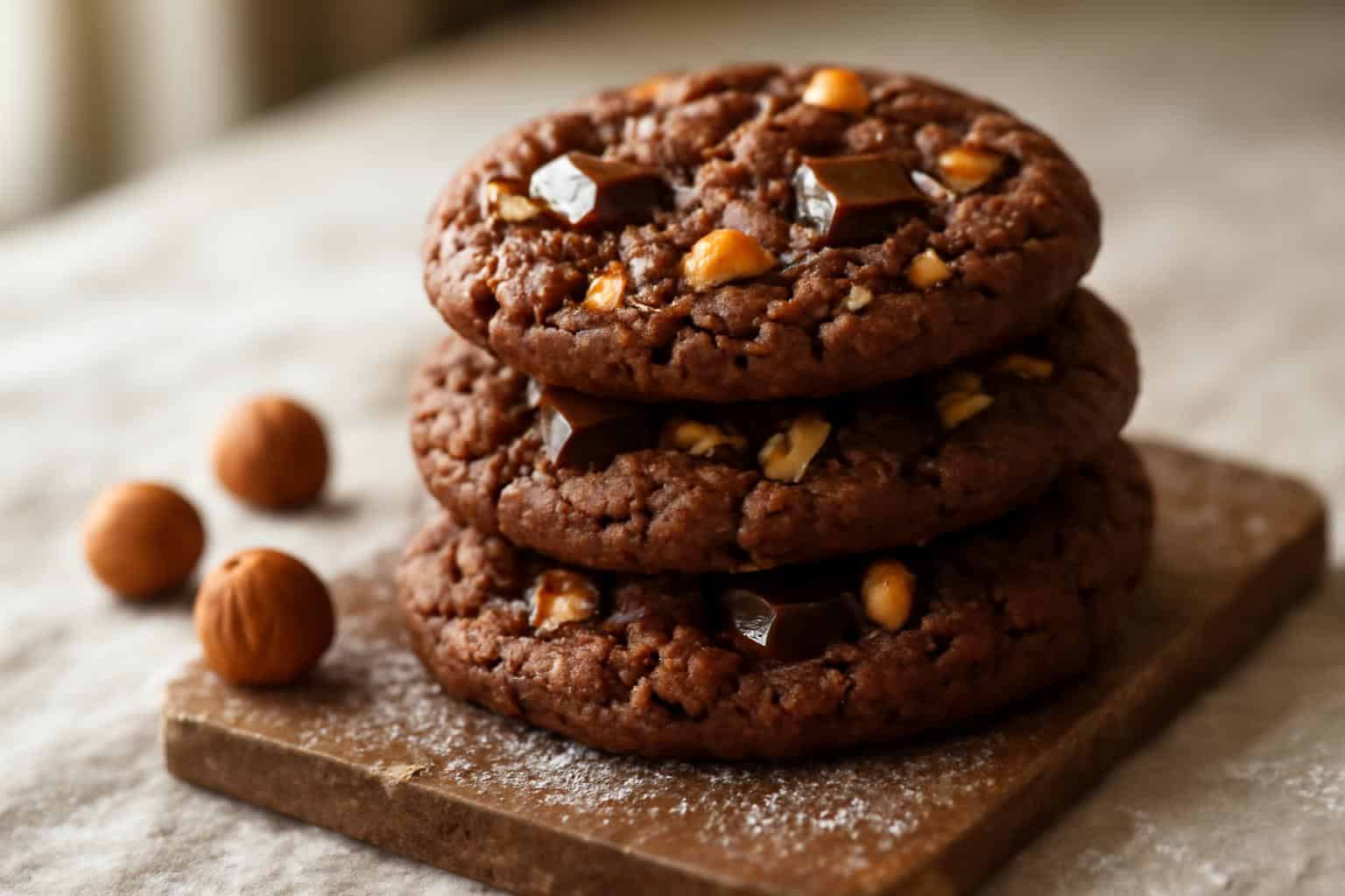 Freshly baked chocolate hazelnut cookies with crunchy texture and melted chocolate chunks