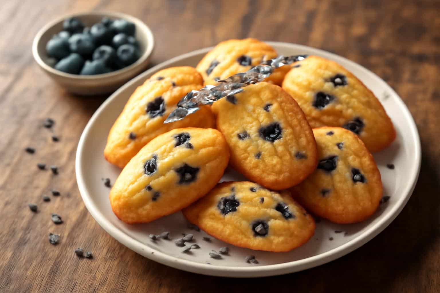 Plate of aromatic blueberry lavender vegan madeleines with fresh blueberries and lavender garnish