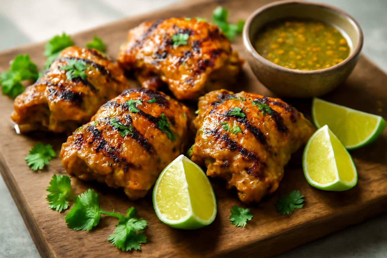 Grilled Cuban mojo chicken thighs garnished with cilantro and lime wedges on a rustic wooden board